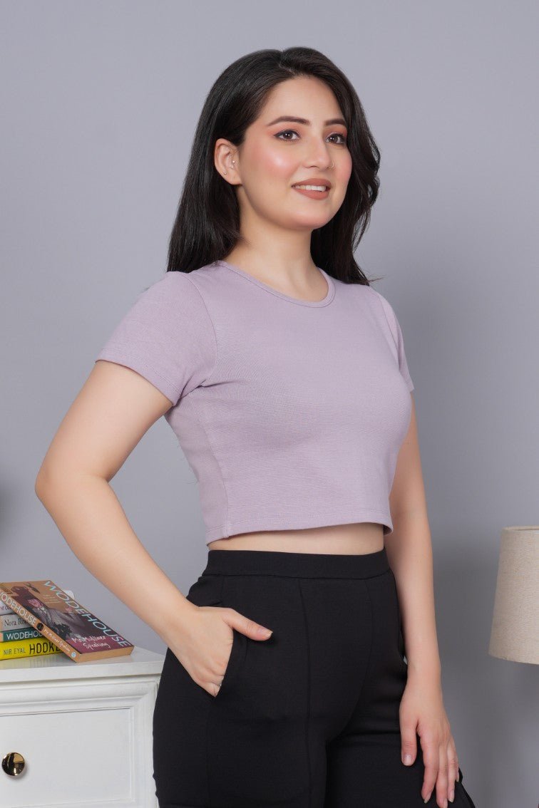 Lilac Rib Crop T Shirt [ 100% USA HQ Cotton, 280 GSM non transparent fabric ] - Rib crop t shirt