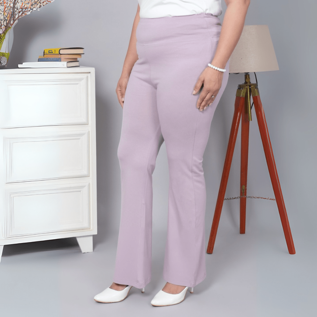 Lilac stretchable biowash cotton lycra flare legging with superior elastic belt. - Cotton flare