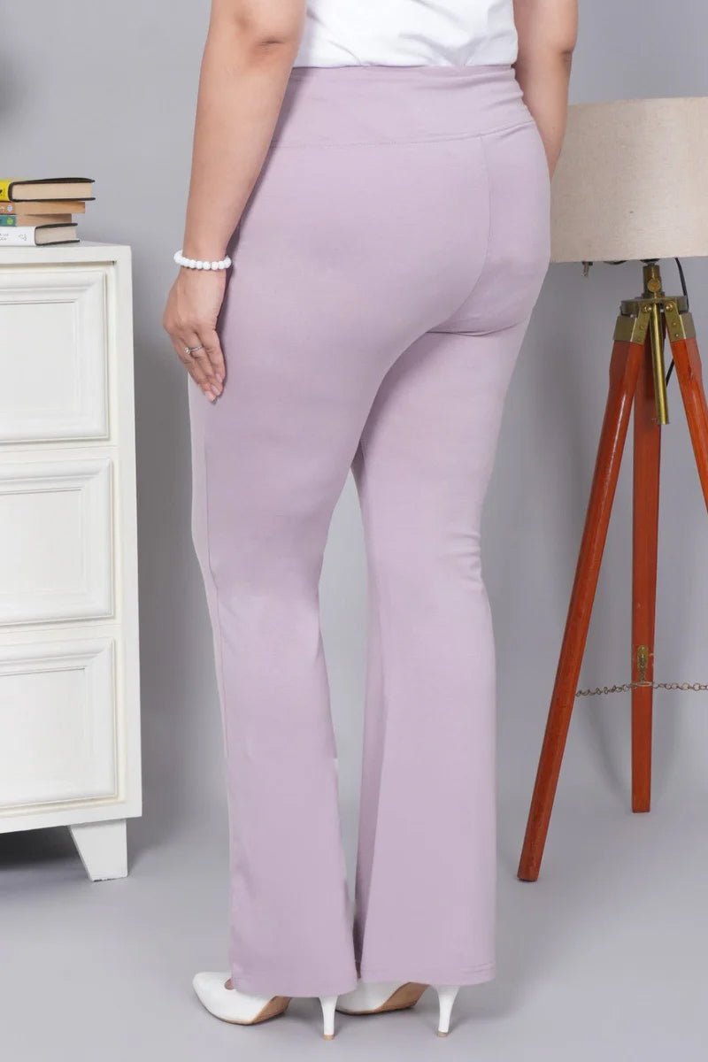 Lilac stretchable biowash cotton lycra flare legging with superior elastic belt. -Cotton flare