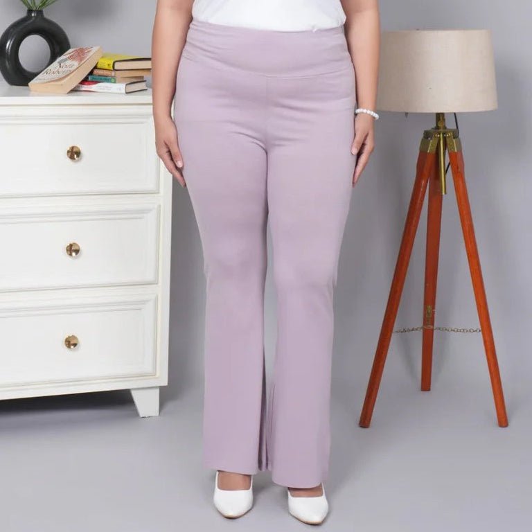 Lilac stretchable biowash cotton lycra flare legging with superior elastic belt. -Cotton flare