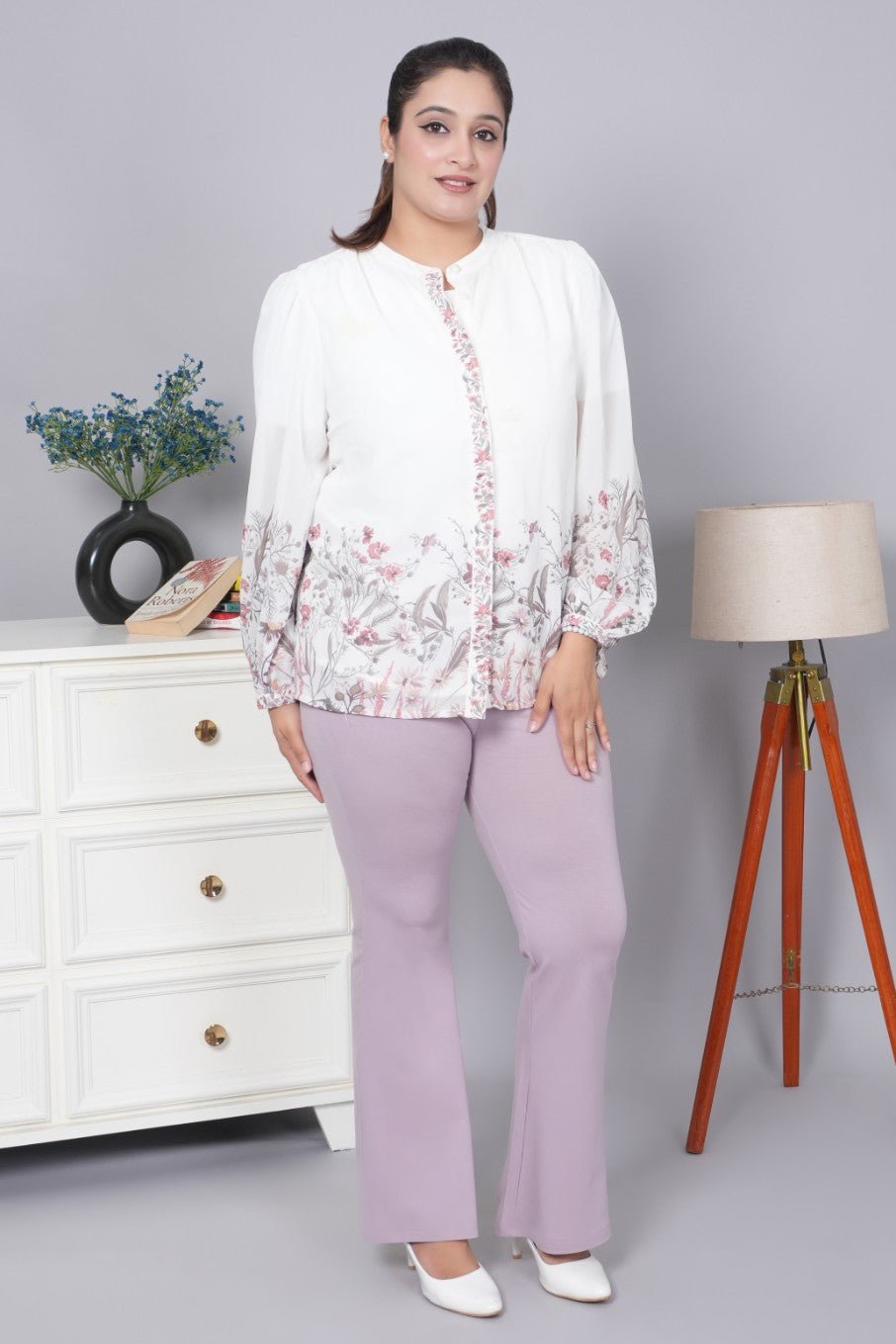 Lilac stretchable biowash cotton lycra flare legging with superior elastic belt. - Cotton flare