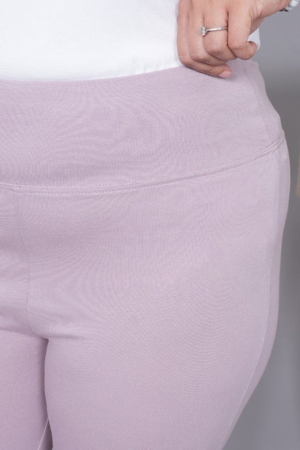 Lilac stretchable biowash cotton lycra flare legging with superior elastic belt. -Cotton flare