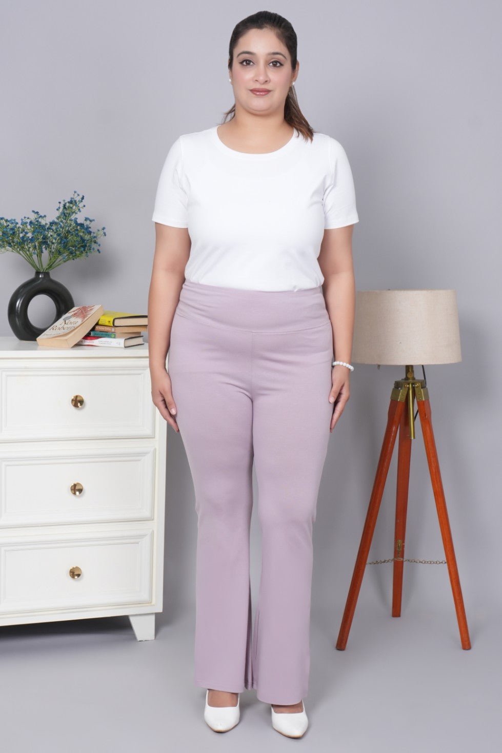 Lilac stretchable biowash cotton lycra flare legging with superior elastic belt. - Cotton flare