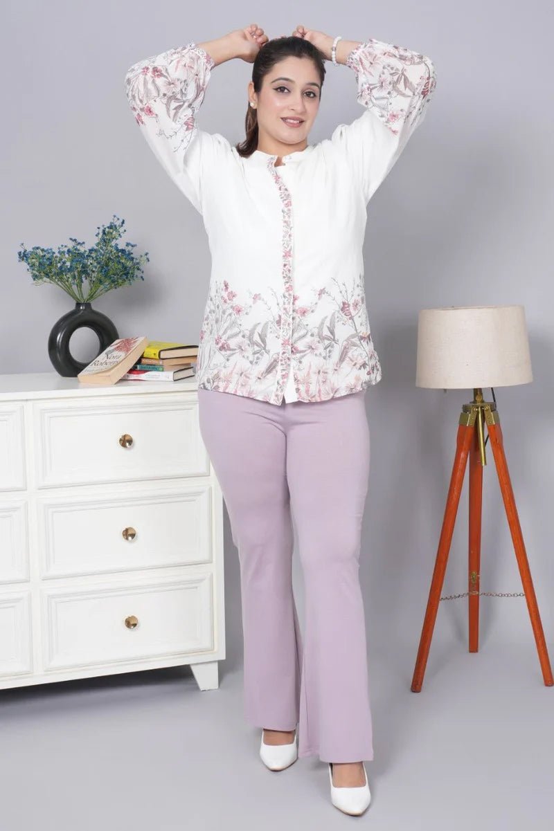Lilac stretchable biowash cotton lycra flare legging with superior elastic belt. -Cotton flare