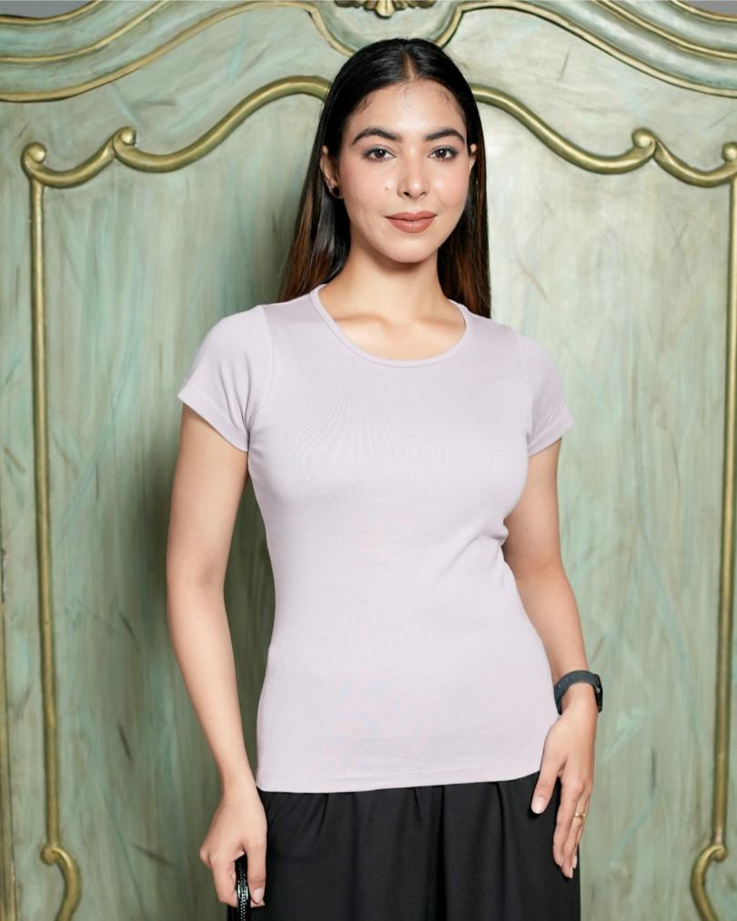 Lilac Stretchable Rib T Shirt [ 100% USA HQ Cotton, 280 GSM non transparent fabric ] - Rib t shirt