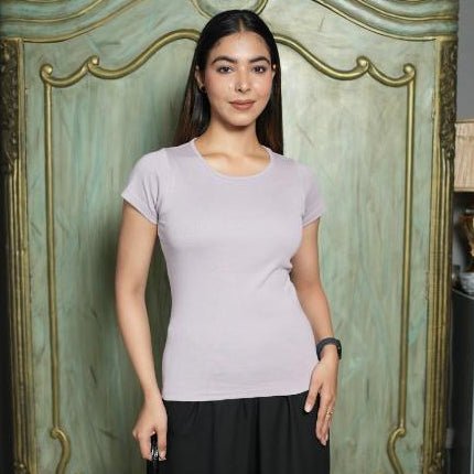 Lilac Stretchable Rib T Shirt [ 100% USA HQ Cotton, 280 GSM non transparent fabric ] - Rib t shirt