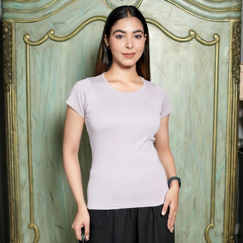 Lilac Stretchable Rib T Shirt [ 100% USA HQ Cotton, 280 GSM non transparent fabric ] - Rib t shirt