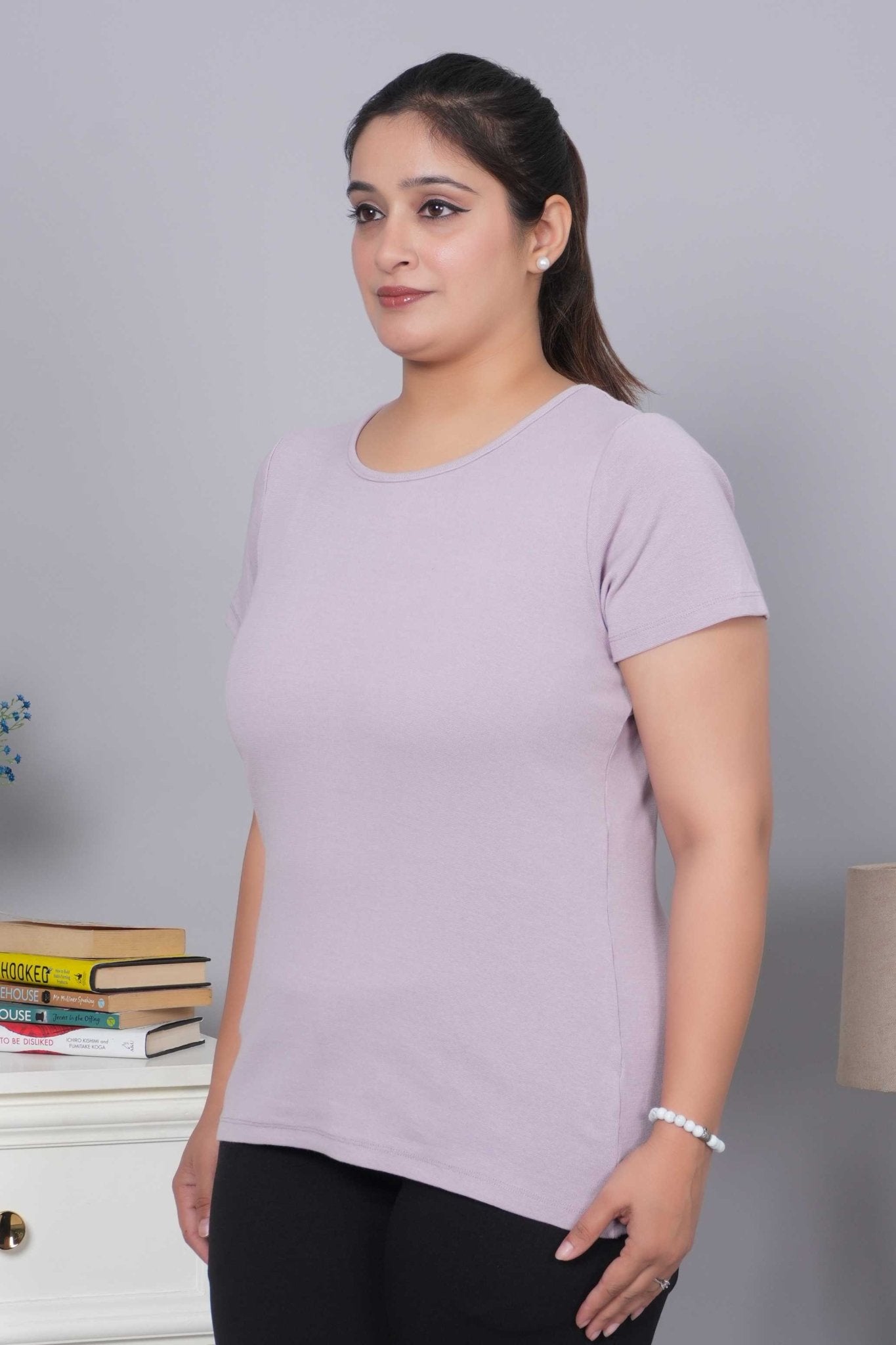 Lilac Stretchable Rib T Shirt [ 100% USA HQ Cotton, 280 GSM non transparent fabric ] - Rib t shirt