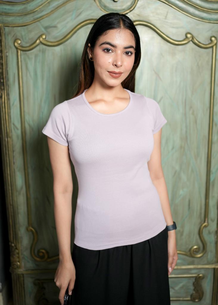 Lilac Stretchable Rib T Shirt [ 100% USA HQ Cotton, 280 GSM non transparent fabric ] - Rib t shirt