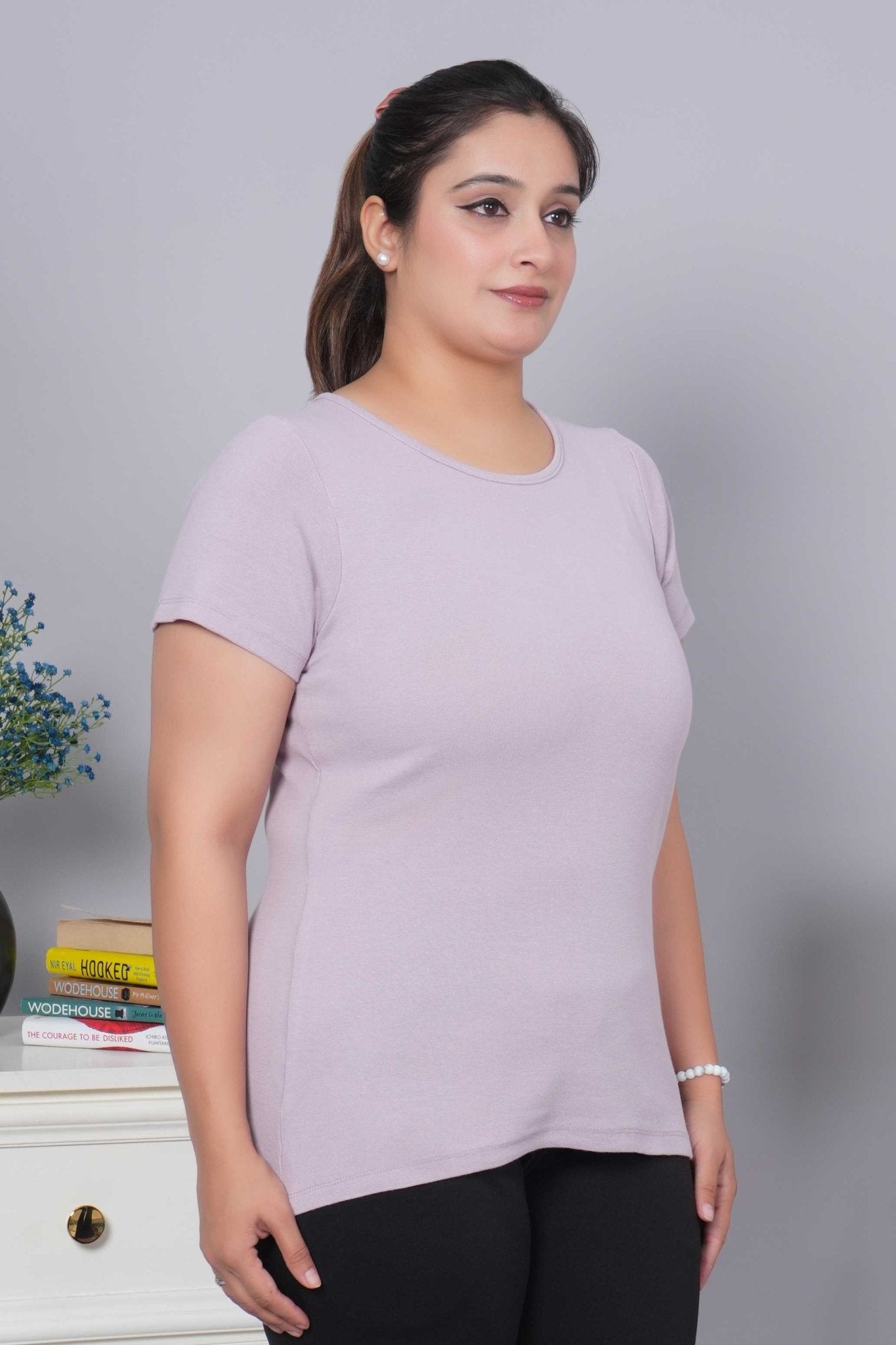 Lilac Stretchable Rib T Shirt [ 100% USA HQ Cotton, 280 GSM non transparent fabric ] - Rib t shirt