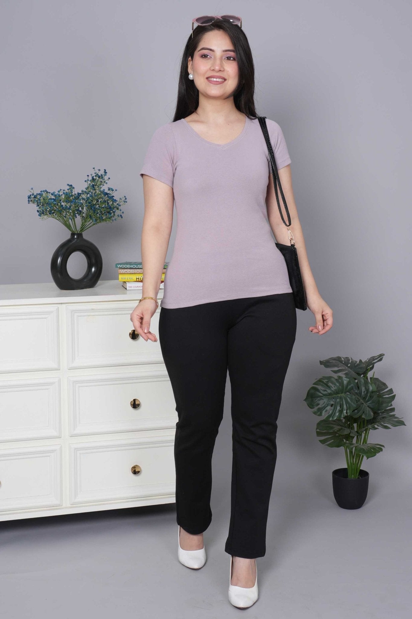 Lilac Stretchable V Neck Rib T Shirt [ 100% USA HQ Cotton, 280 GSM non transparent fabric ] - Rib v neck t shirt