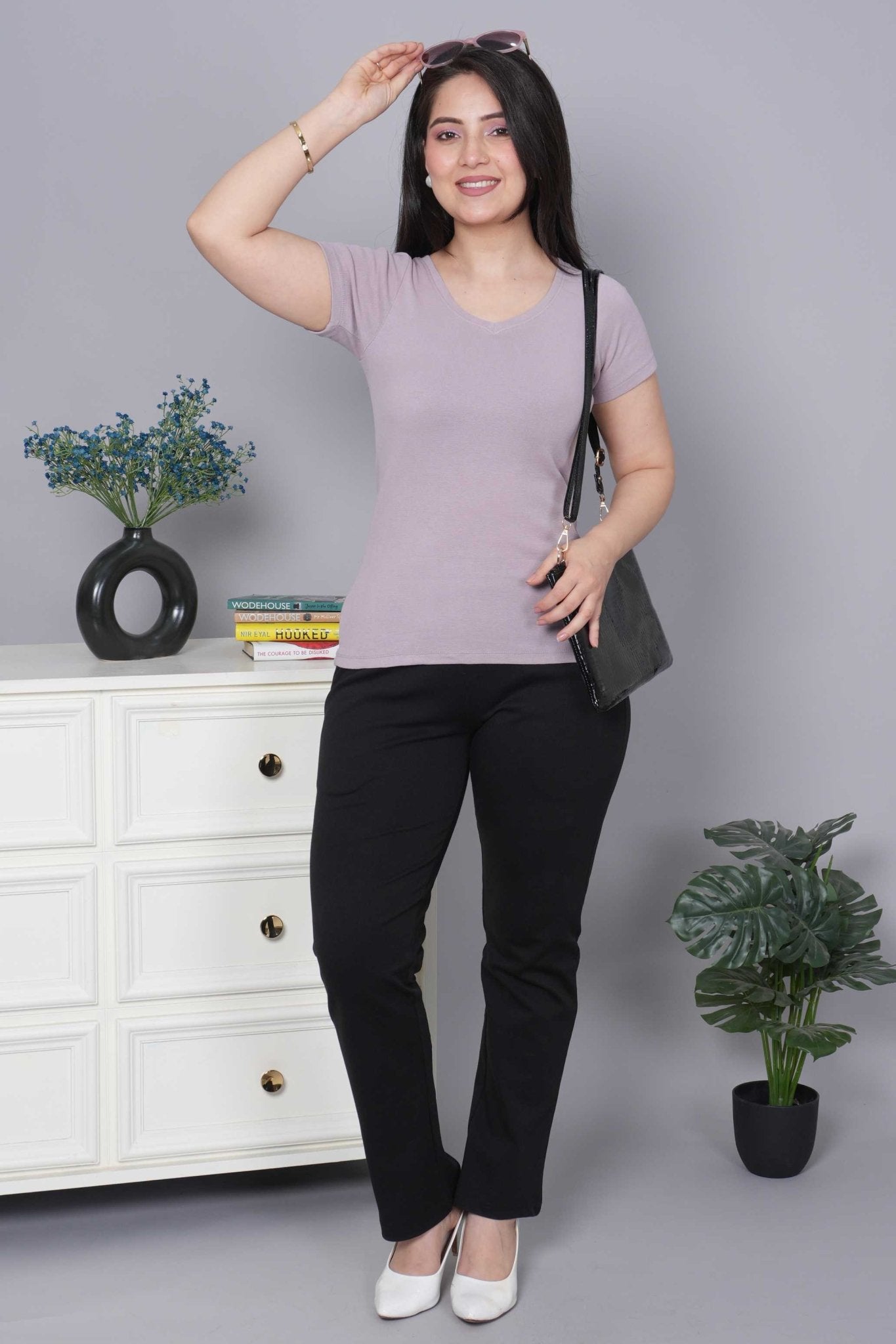 Lilac Stretchable V Neck Rib T Shirt [ 100% USA HQ Cotton, 280 GSM non transparent fabric ] - Rib v neck t shirt