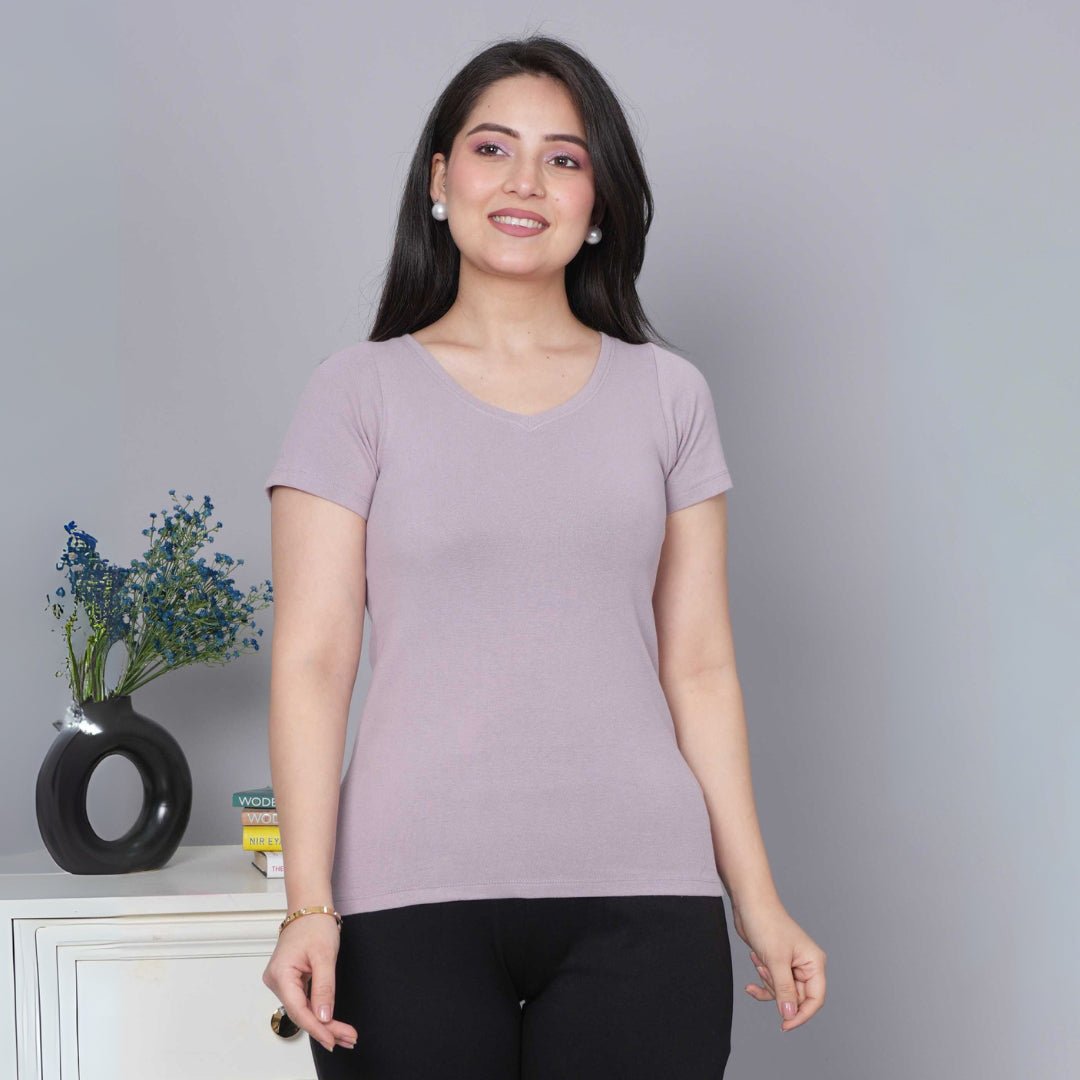 Lilac Stretchable V Neck Rib T Shirt [ 100% USA HQ Cotton, 280 GSM non transparent fabric ] - Rib v neck t shirt