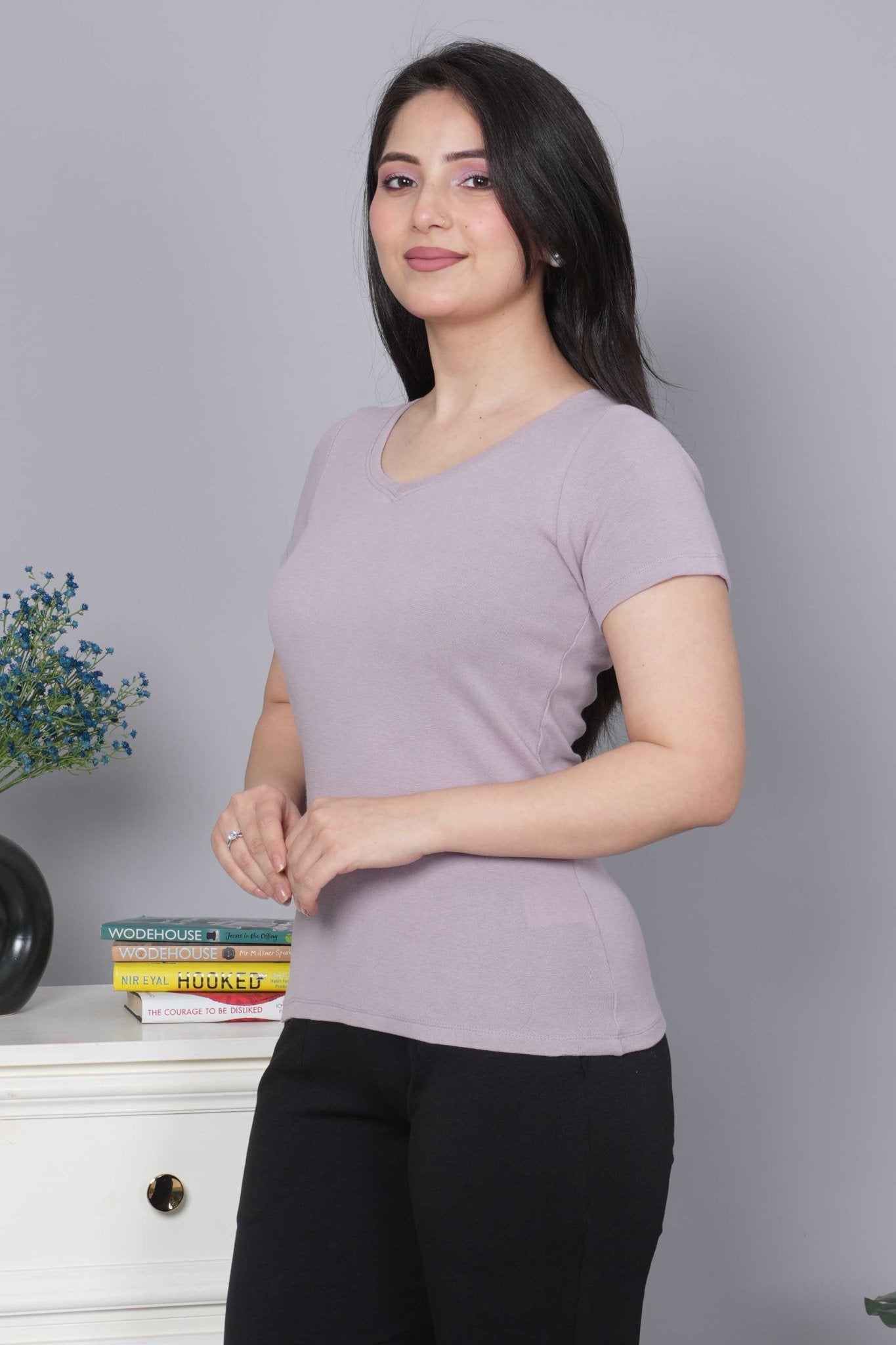 Lilac Stretchable V Neck Rib T Shirt [ 100% USA HQ Cotton, 280 GSM non transparent fabric ] - Rib v neck t shirt
