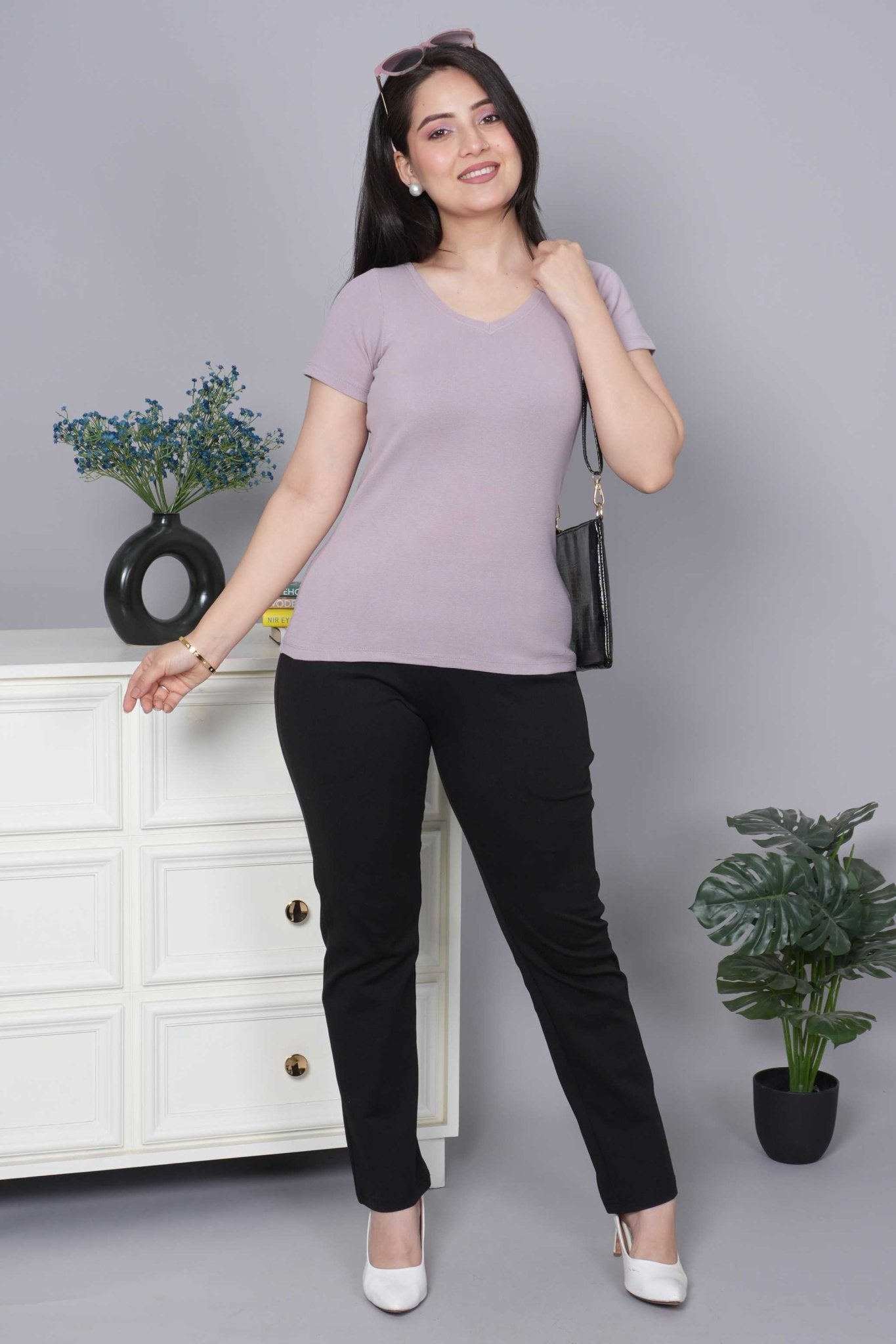 Lilac Stretchable V Neck Rib T Shirt [ 100% USA HQ Cotton, 280 GSM non transparent fabric ] - Rib v neck t shirt