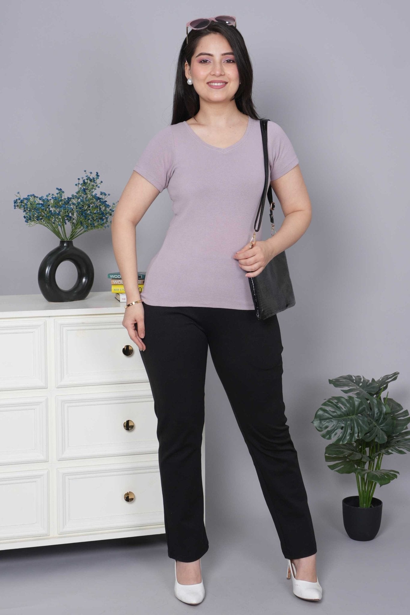 Lilac Stretchable V Neck Rib T Shirt [ 100% USA HQ Cotton, 280 GSM non transparent fabric ] - Rib v neck t shirt