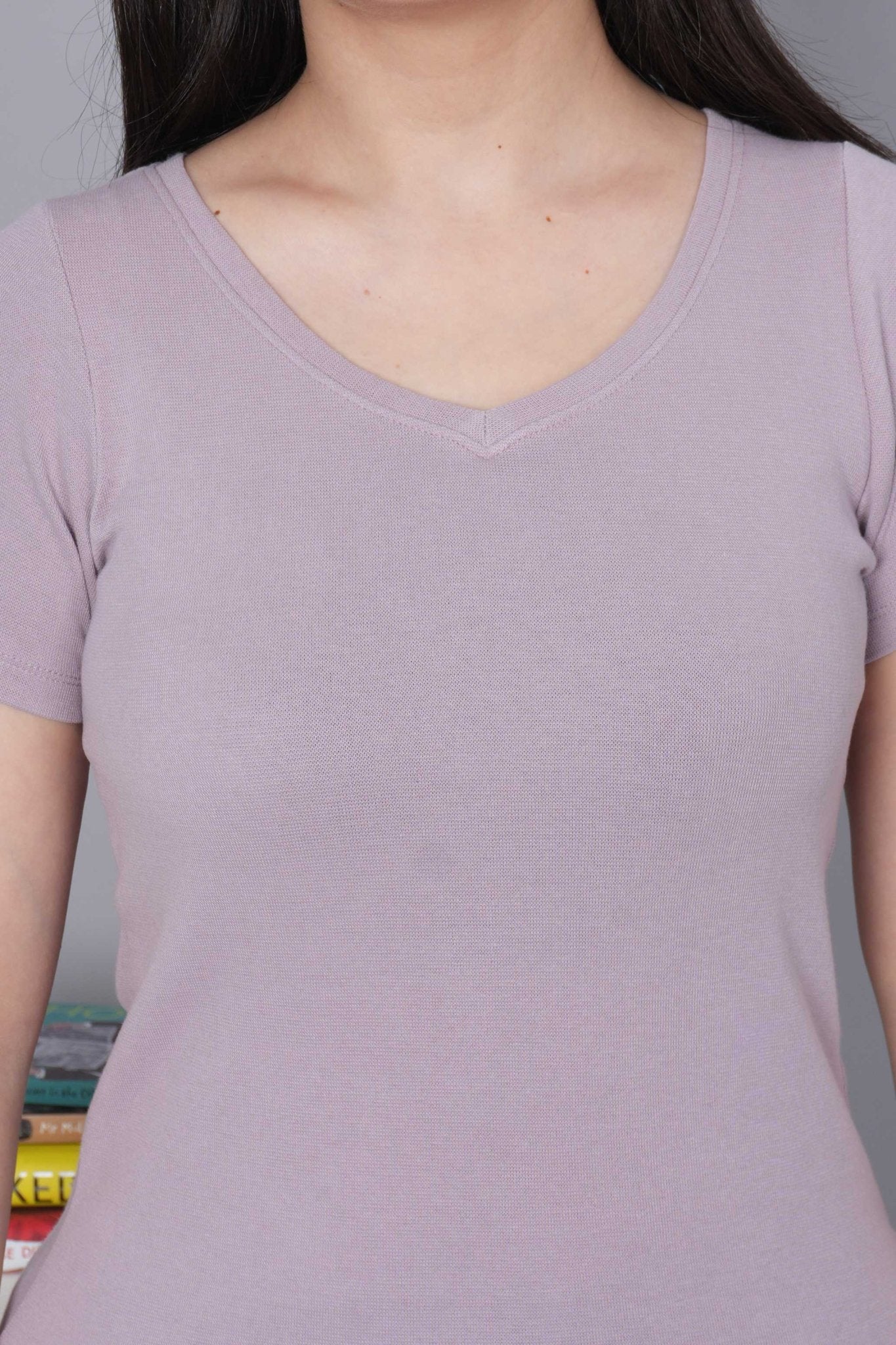 Lilac Stretchable V Neck Rib T Shirt [ 100% USA HQ Cotton, 280 GSM non transparent fabric ] - Rib v neck t shirt