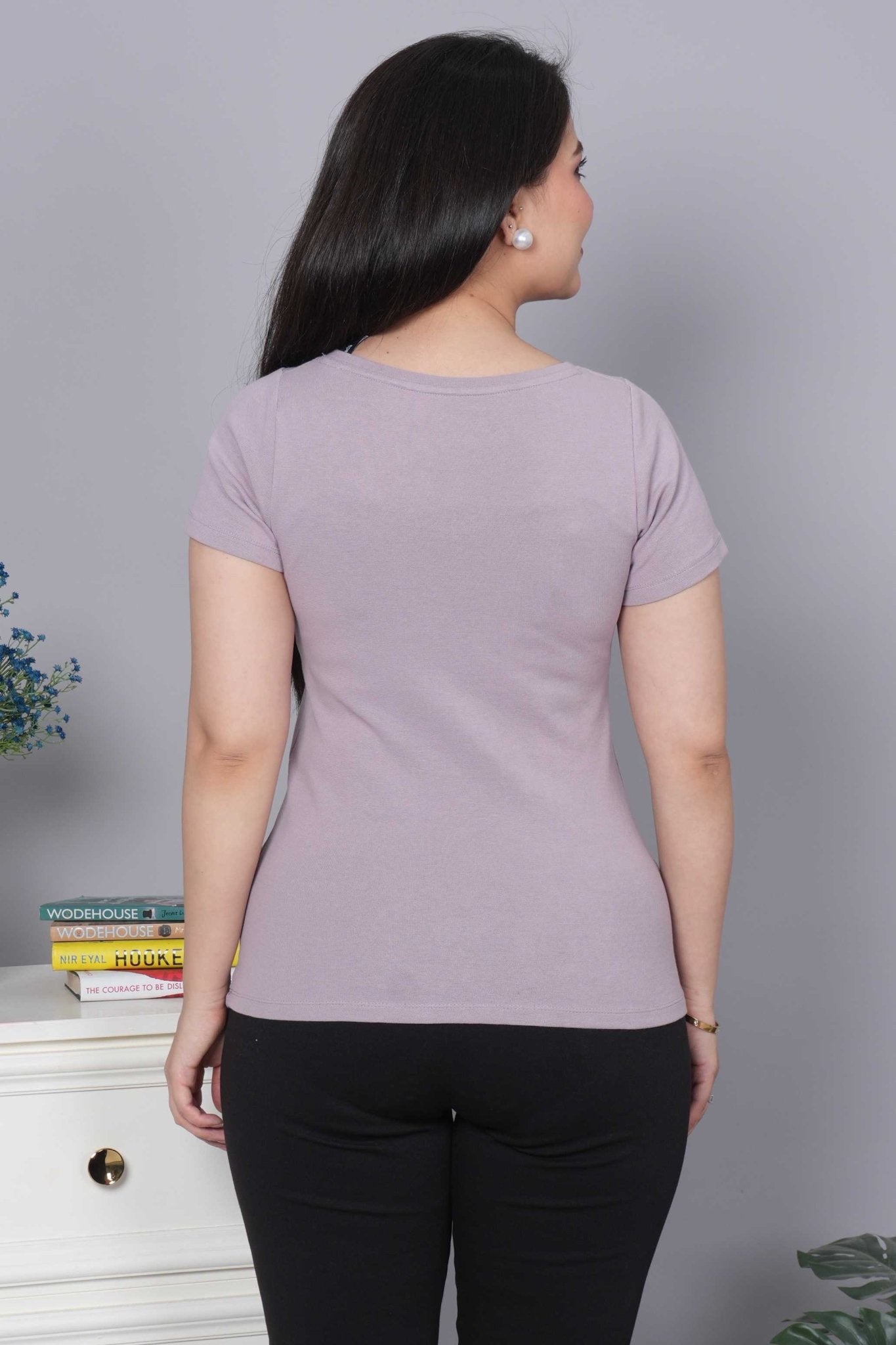 Lilac Stretchable V Neck Rib T Shirt [ 100% USA HQ Cotton, 280 GSM non transparent fabric ] - Rib v neck t shirt