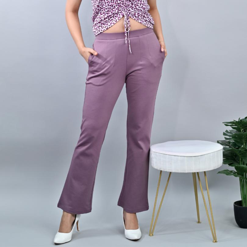 Lovely lavender stretchable biowash cotton bootcut flare pants with superior elastic belt. - Milano bootcut flare pants