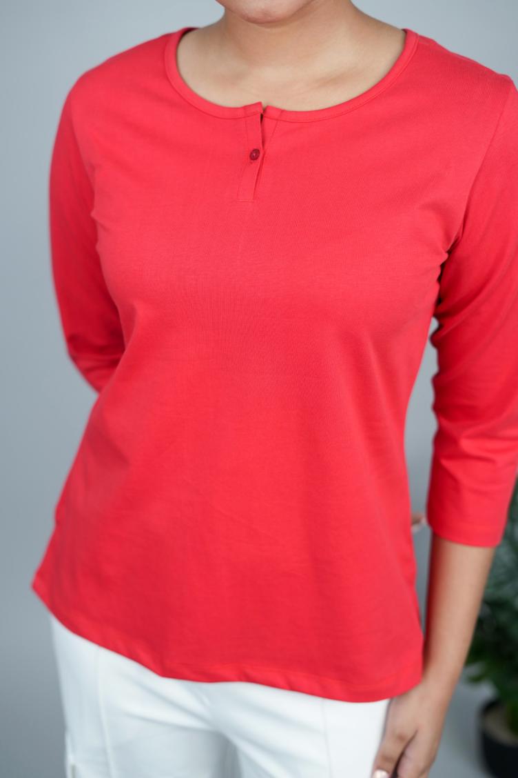 Luscious Red Henley Tshirt [Non transparent 220 gsm thick ] - Henley Tshirt