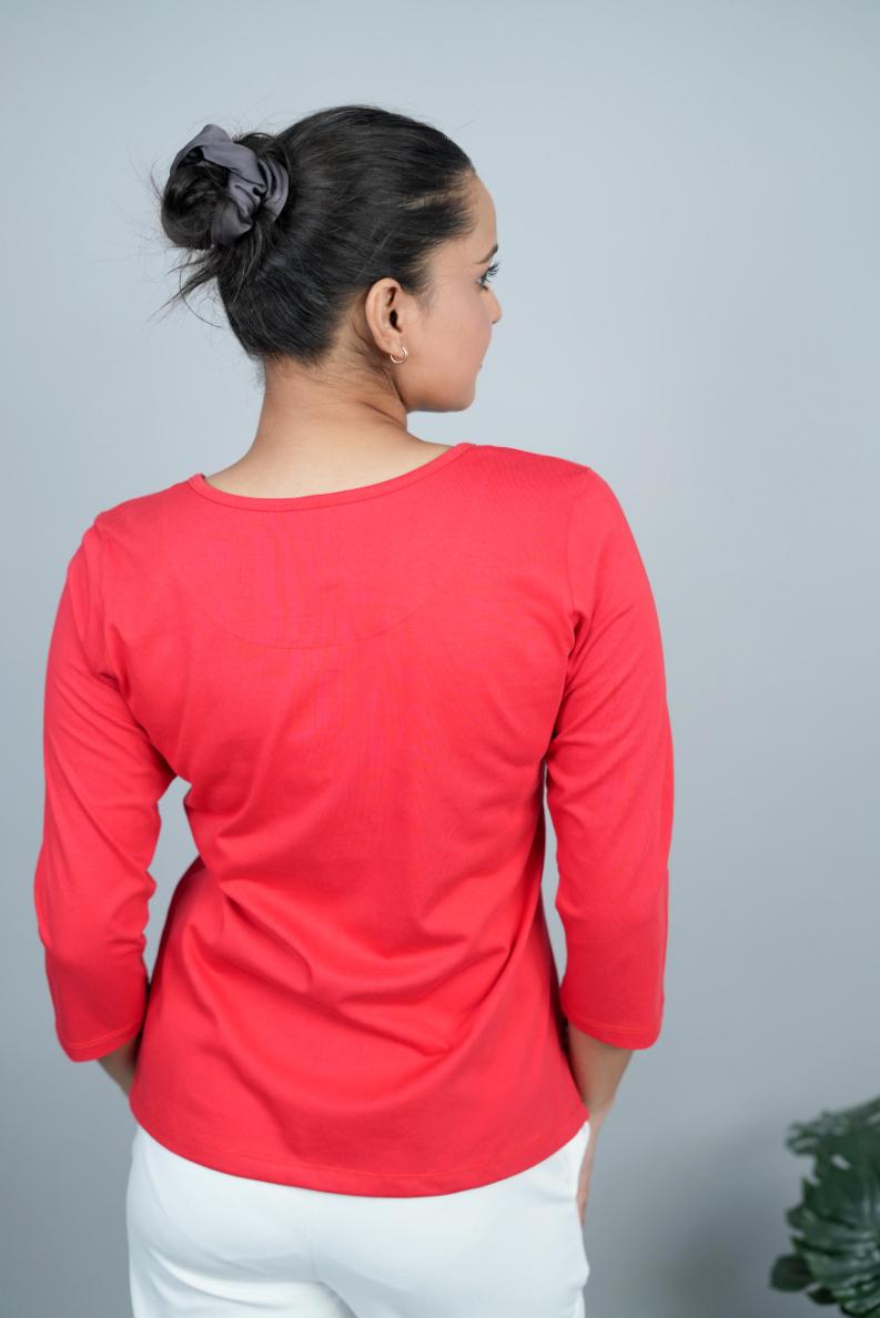 Luscious Red Henley Tshirt [Non transparent 220 gsm thick ] - Henley Tshirt