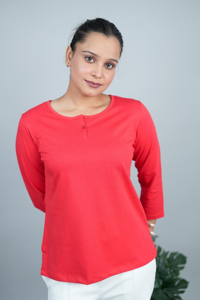 Luscious Red Henley Tshirt [Non transparent 220 gsm thick ] - Henley Tshirt