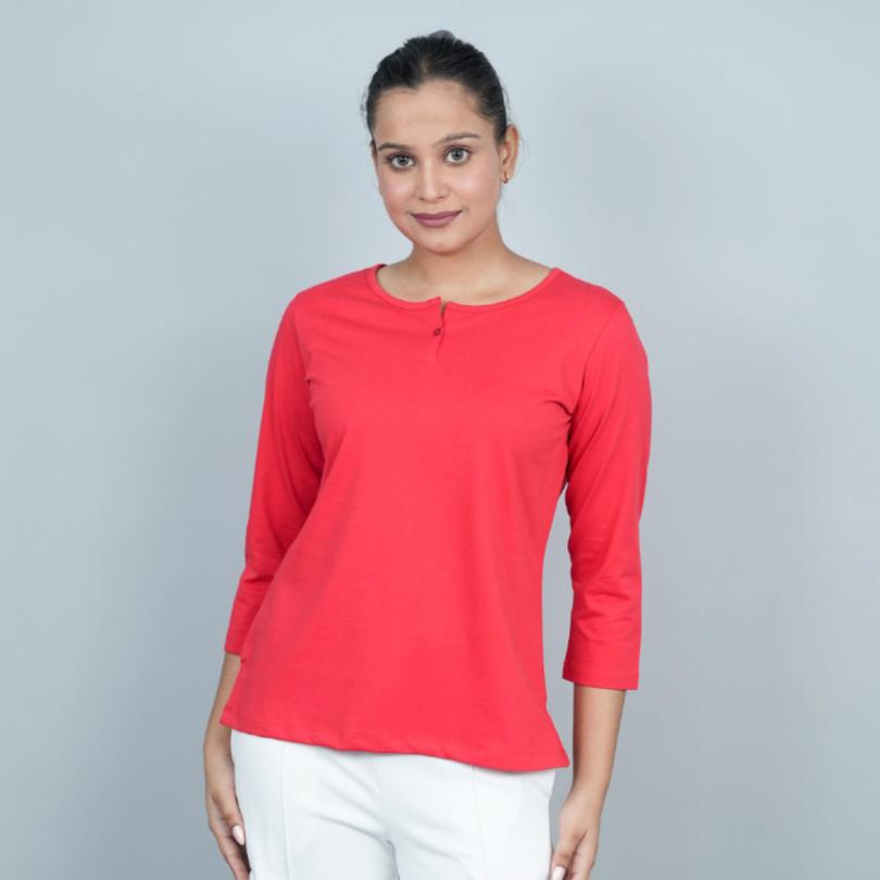 Luscious Red Henley Tshirt [Non transparent 220 gsm thick ] - Henley Tshirt