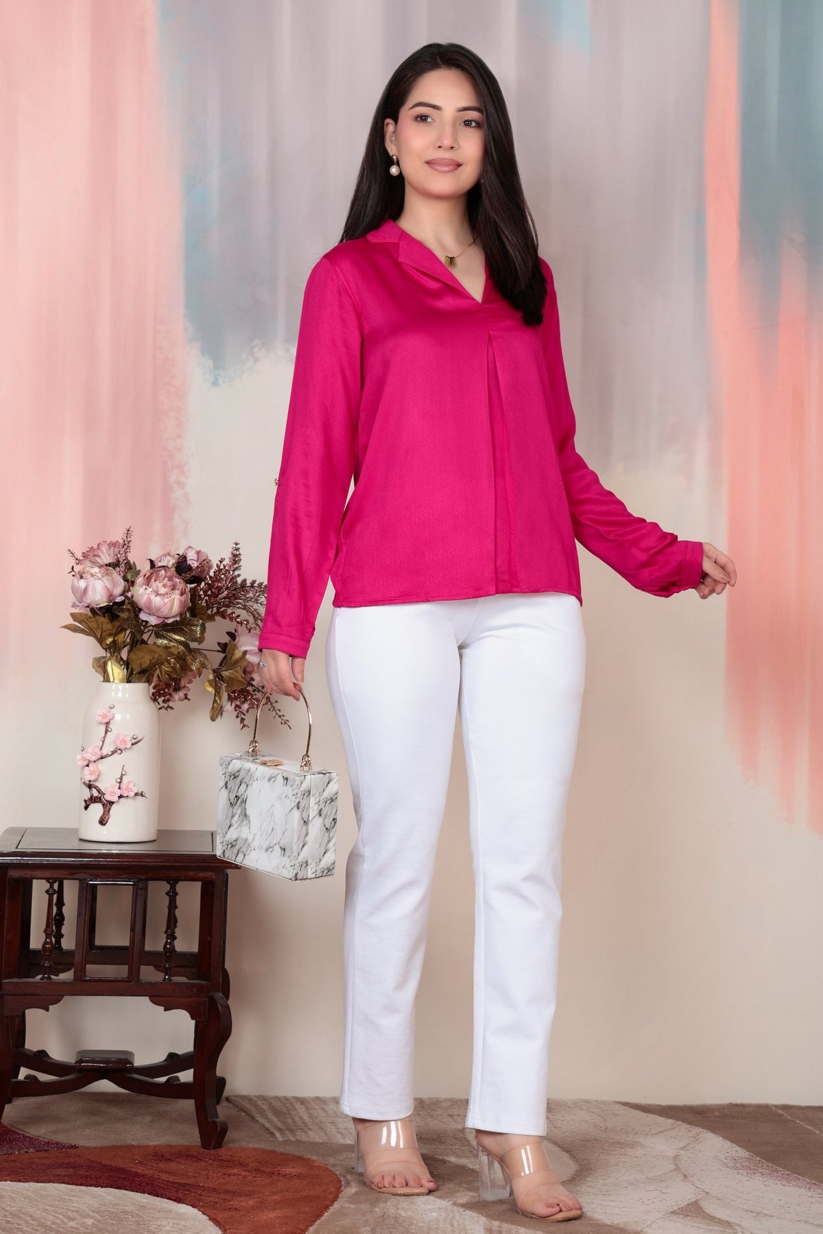 Magenta Lapel collar satin top -satin shirt