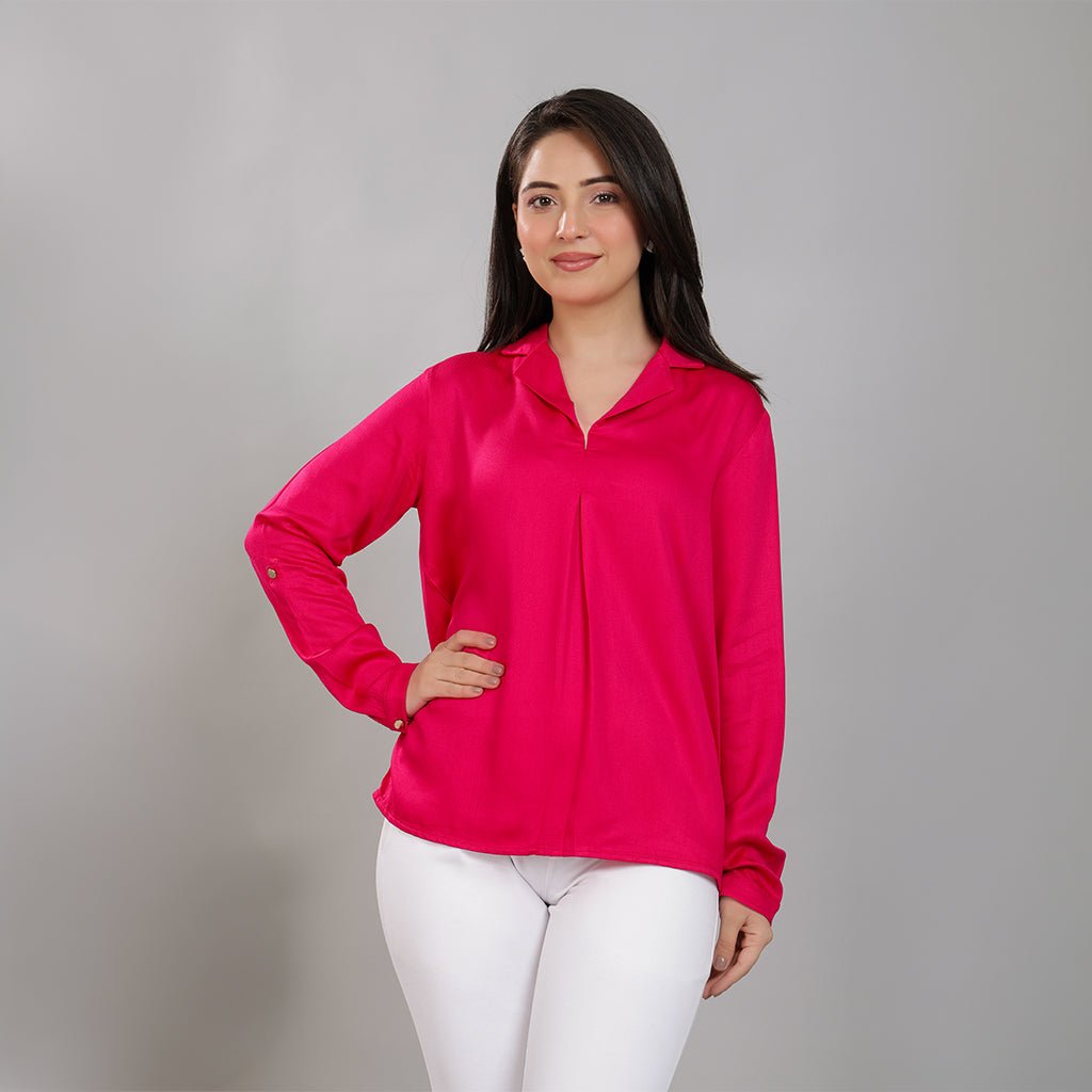 Magenta Lapel collar satin top -satin shirt