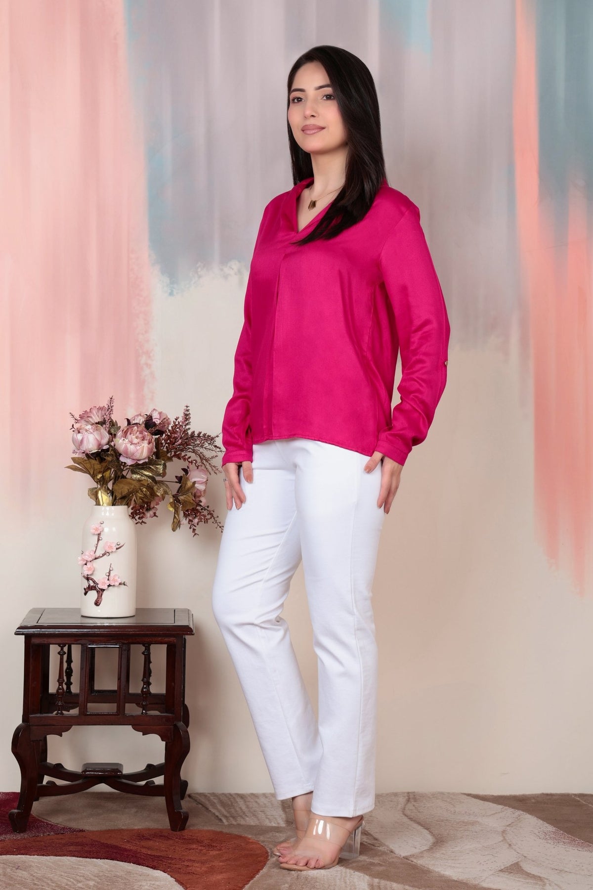 Magenta Lapel collar satin top -satin shirt