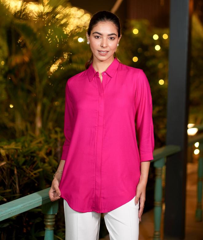 Magenta long hemline shirt [ 100% Rayon, Liva Certified ] - Long hemline shirt