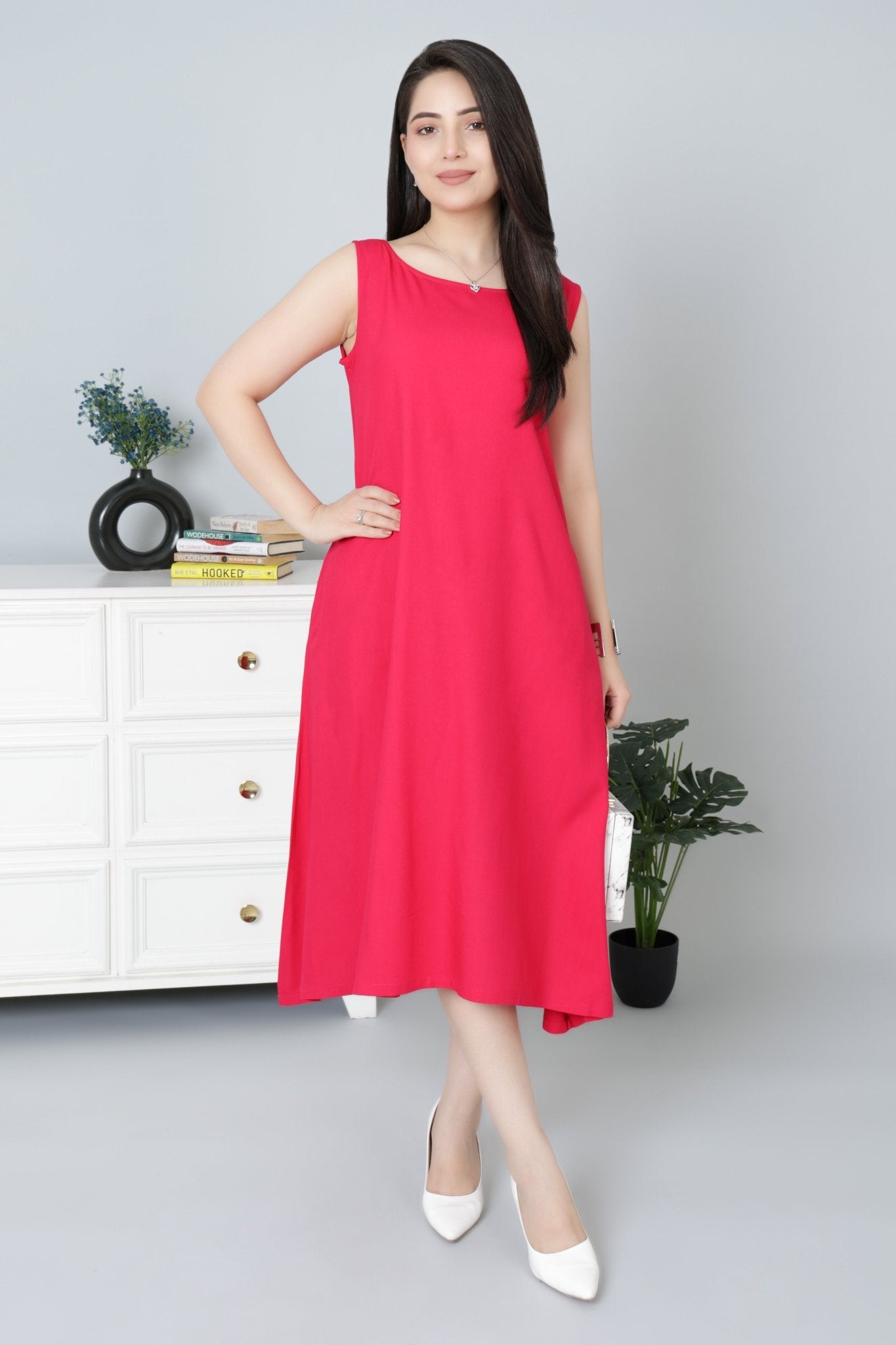 Magenta rayon flare dress with pocket [ Premium 100% Rayon, Liva Certified ] - Rayon flare dress with pocket