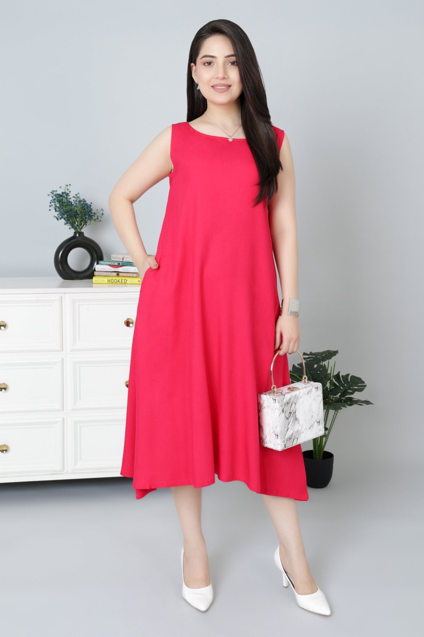 Magenta rayon flare dress with pocket [ Premium 100% Rayon, Liva Certified ] - Rayon flare dress with pocket