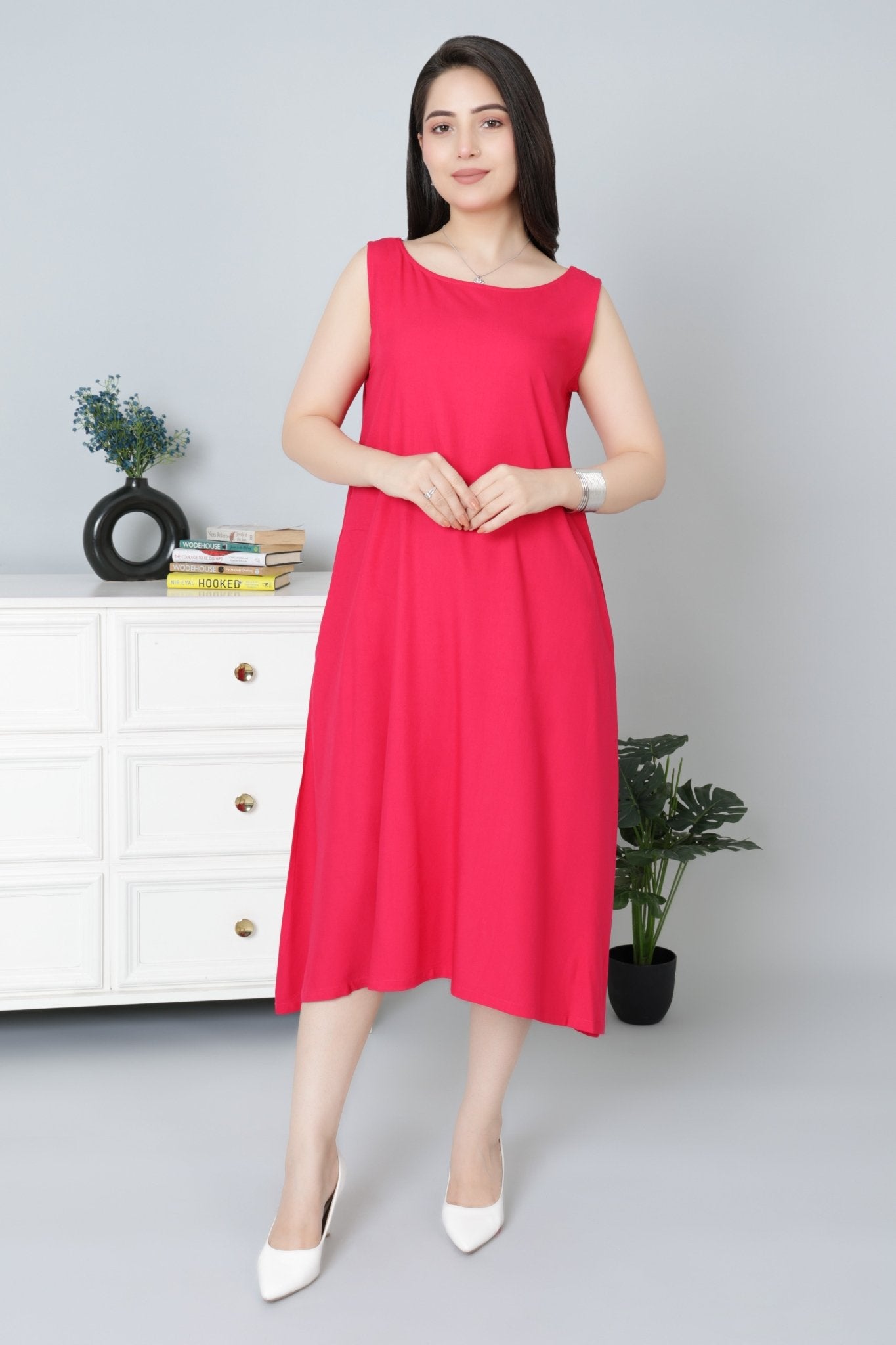 Magenta rayon flare dress with pocket [ Premium 100% Rayon, Liva Certified ] - Rayon flare dress with pocket