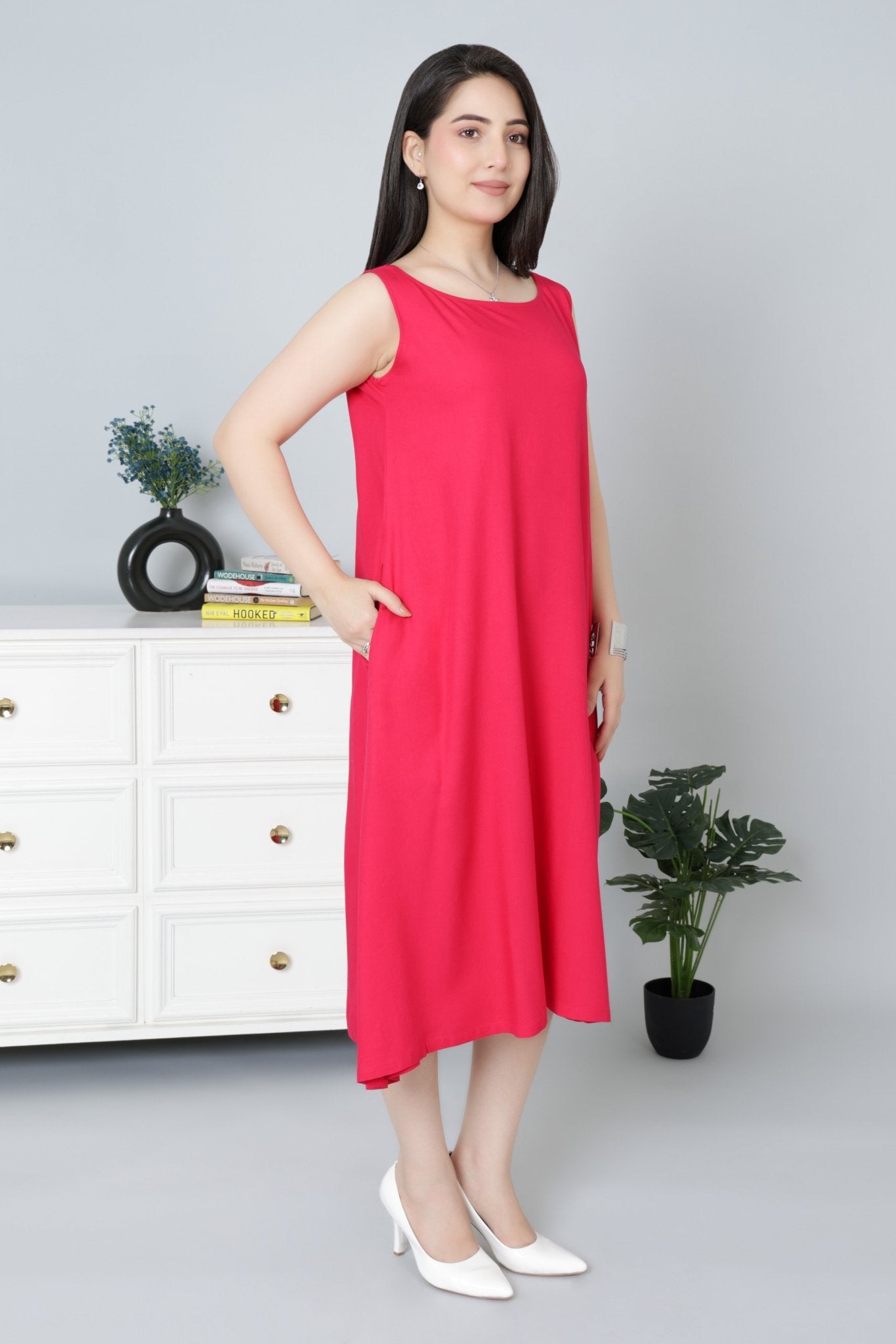 Magenta rayon flare dress with pocket [ Premium 100% Rayon, Liva Certified ] - Rayon flare dress with pocket