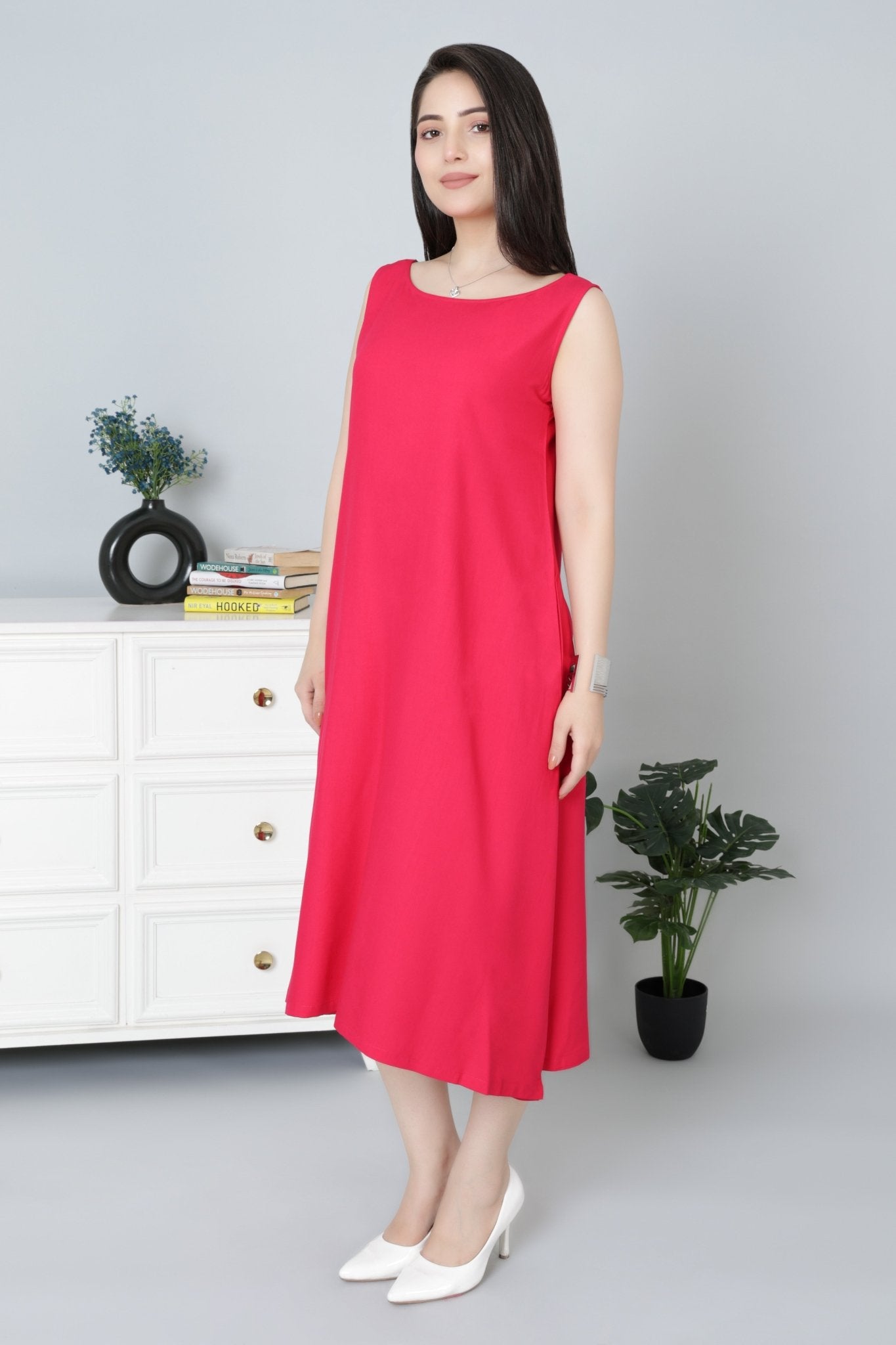 Magenta rayon flare dress with pocket [ Premium 100% Rayon, Liva Certified ] - Rayon flare dress with pocket
