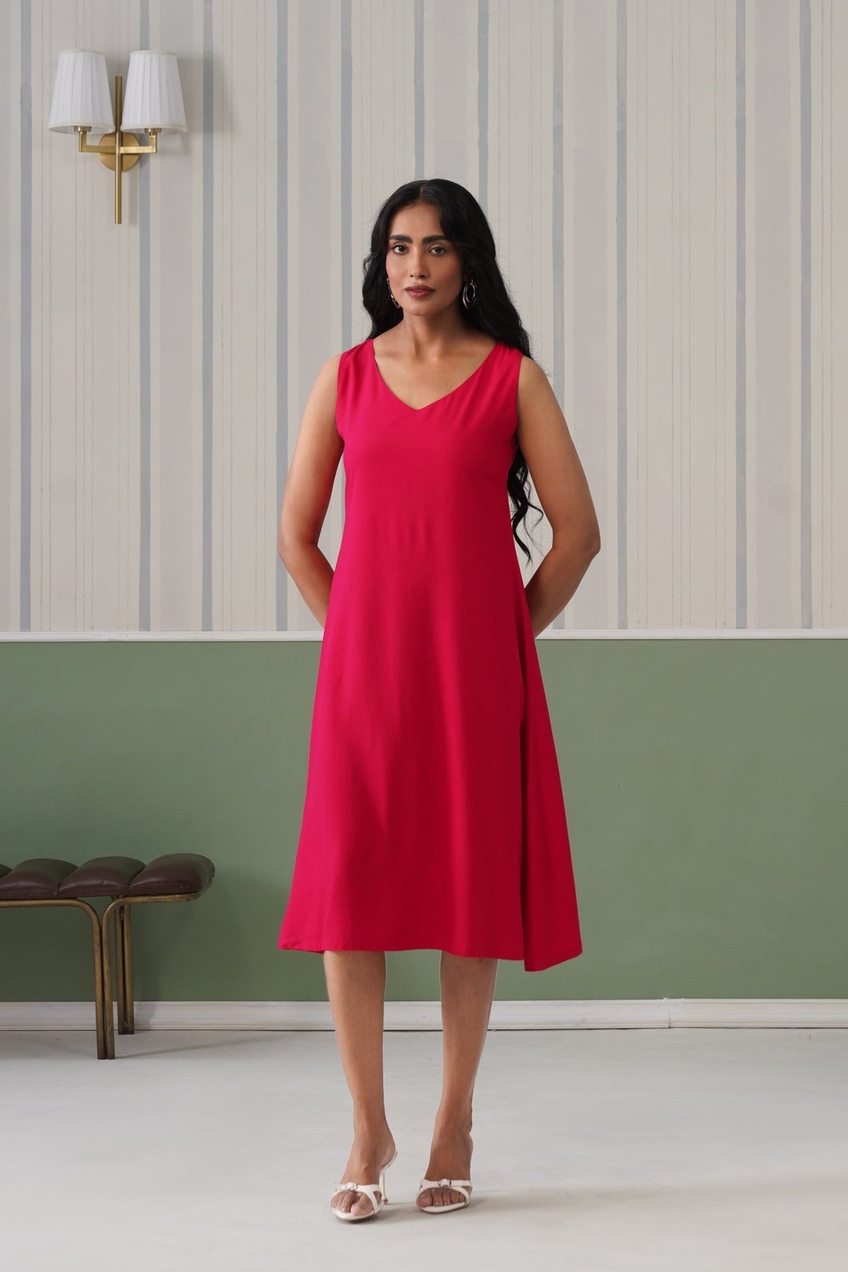 Magenta rayon line dress with pocket [ Premium 100% Rayon, Liva Certified ] -Rayon line dress with pocket