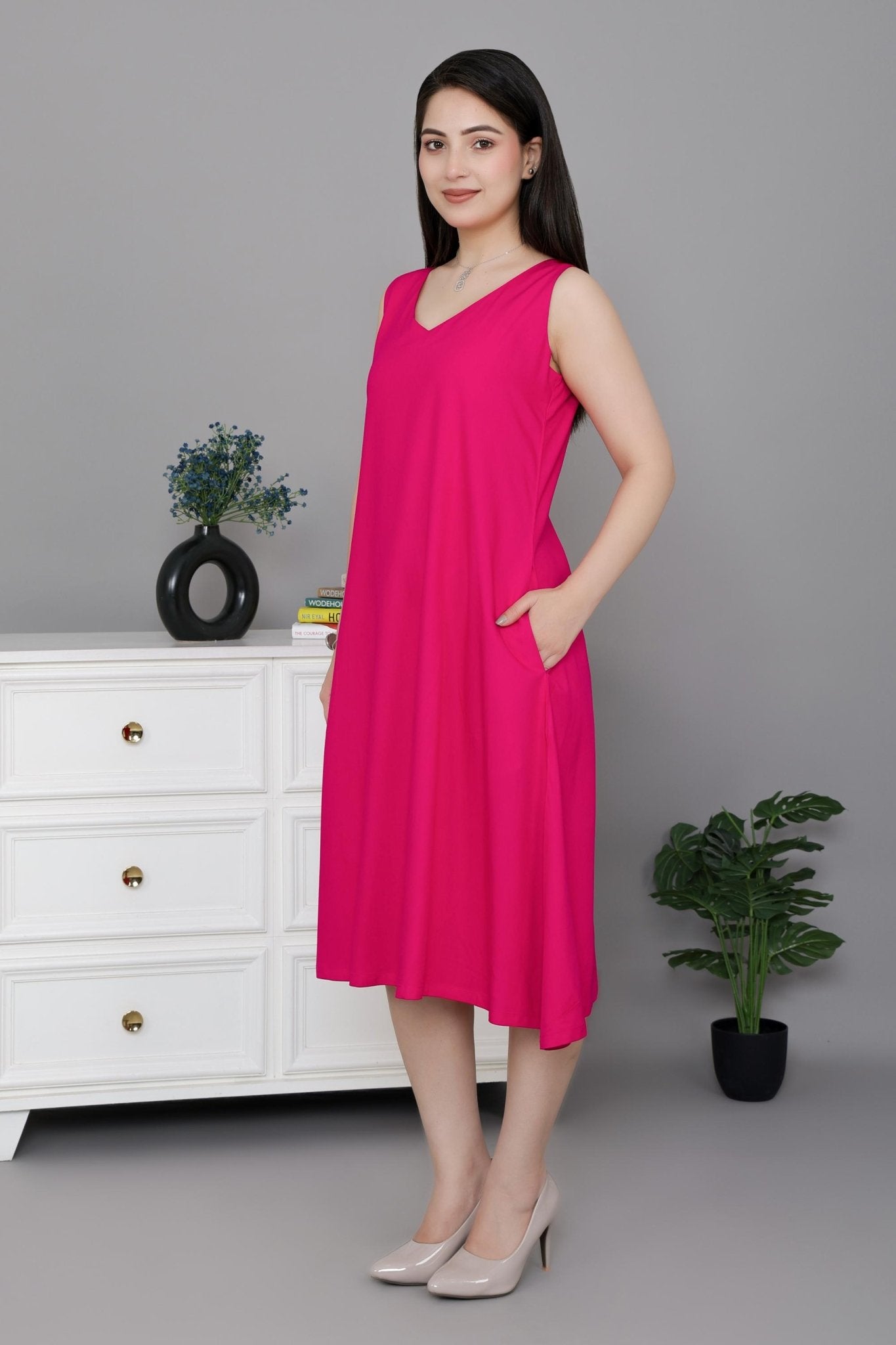 Magenta rayon line dress with pocket [ Premium 100% Rayon, Liva Certified ] - Rayon line dress with pocket
