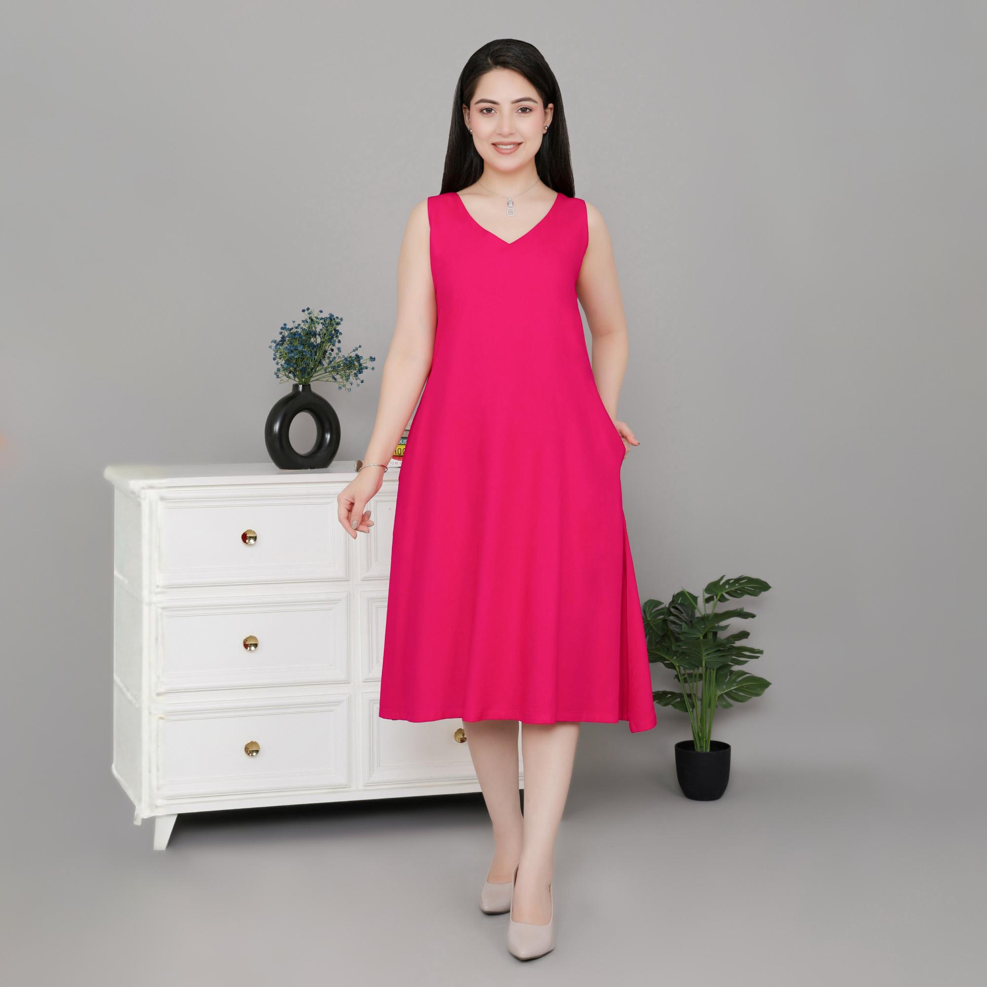 Magenta rayon line dress with pocket [ Premium 100% Rayon, Liva Certified ] - Rayon line dress with pocket