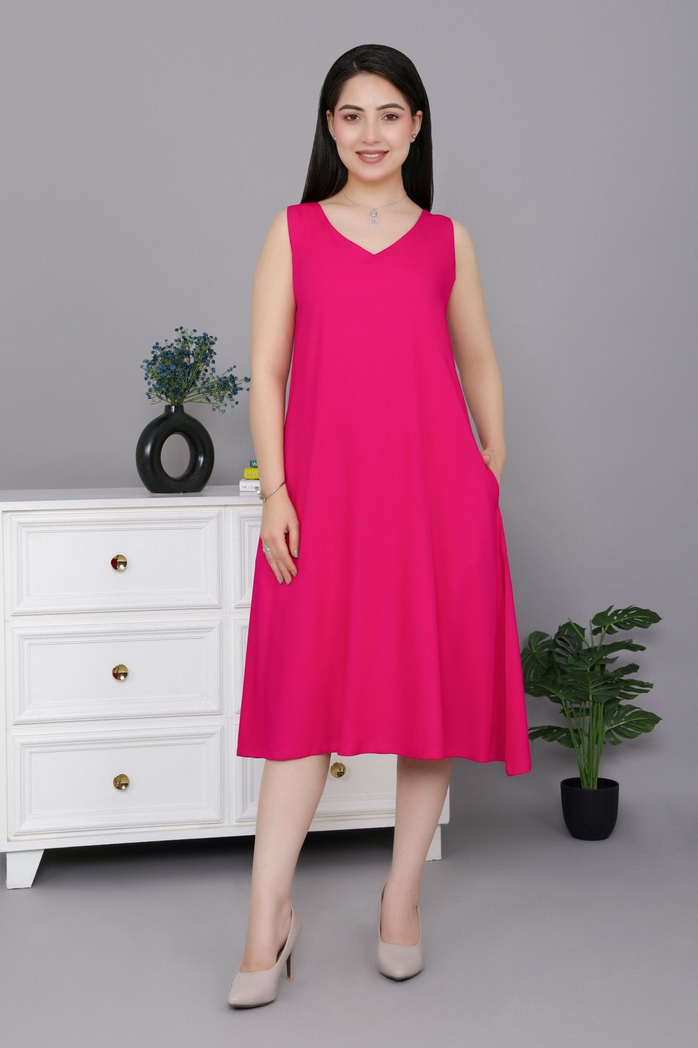 Magenta rayon line dress with pocket [ Premium 100% Rayon, Liva Certified ] - Rayon line dress with pocket