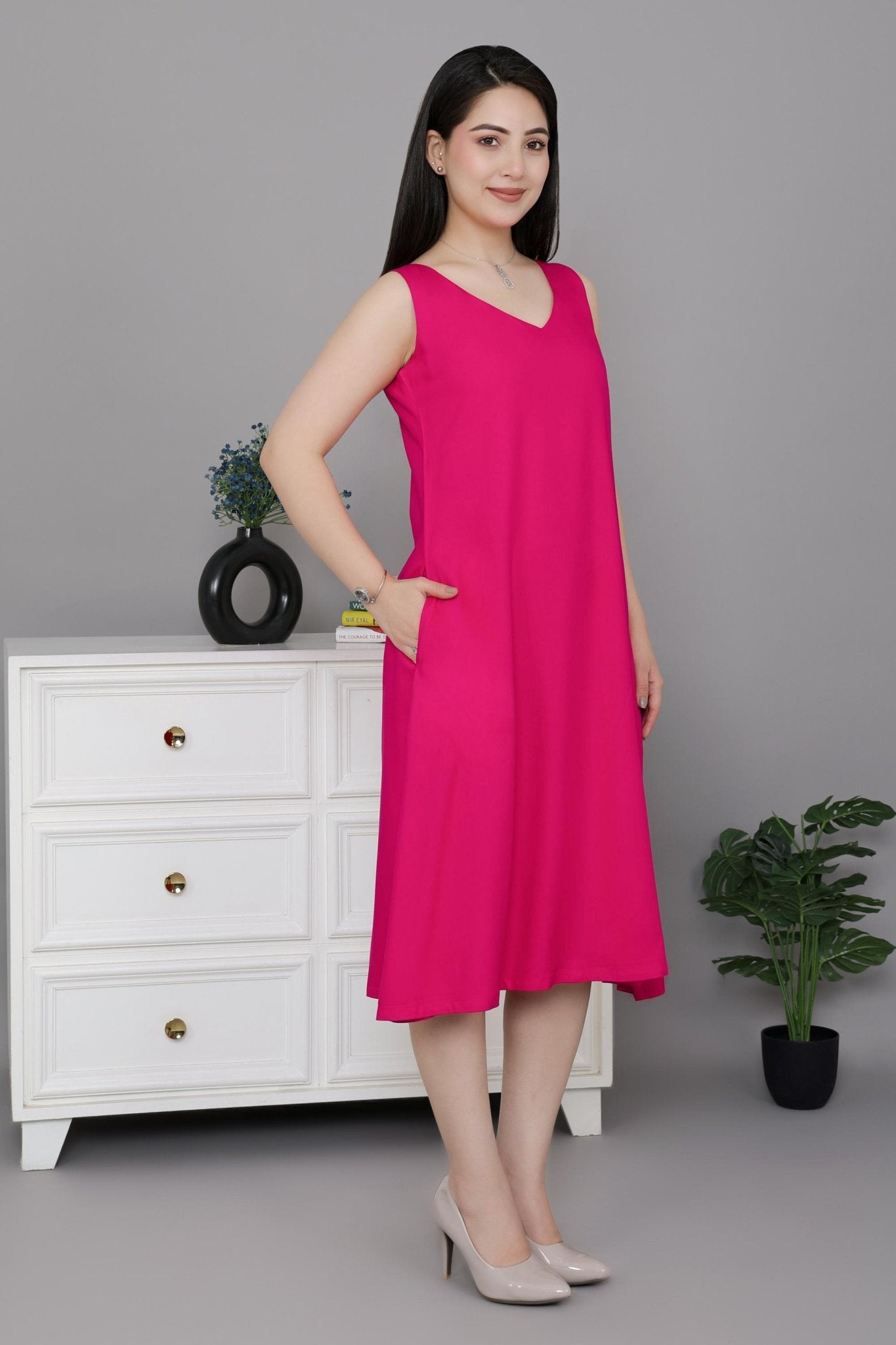 Magenta rayon line dress with pocket [ Premium 100% Rayon, Liva Certified ] - Rayon line dress with pocket