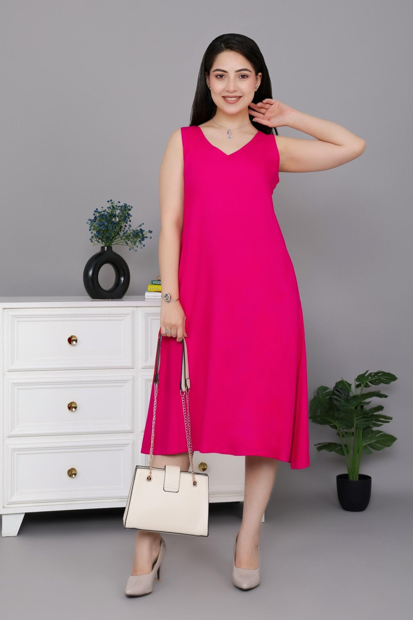 Magenta rayon line dress with pocket [ Premium 100% Rayon, Liva Certified ] - Rayon line dress with pocket