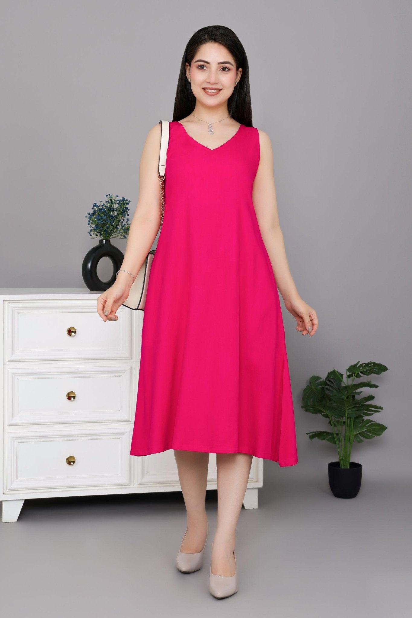 Magenta rayon line dress with pocket [ Premium 100% Rayon, Liva Certified ] - Rayon line dress with pocket