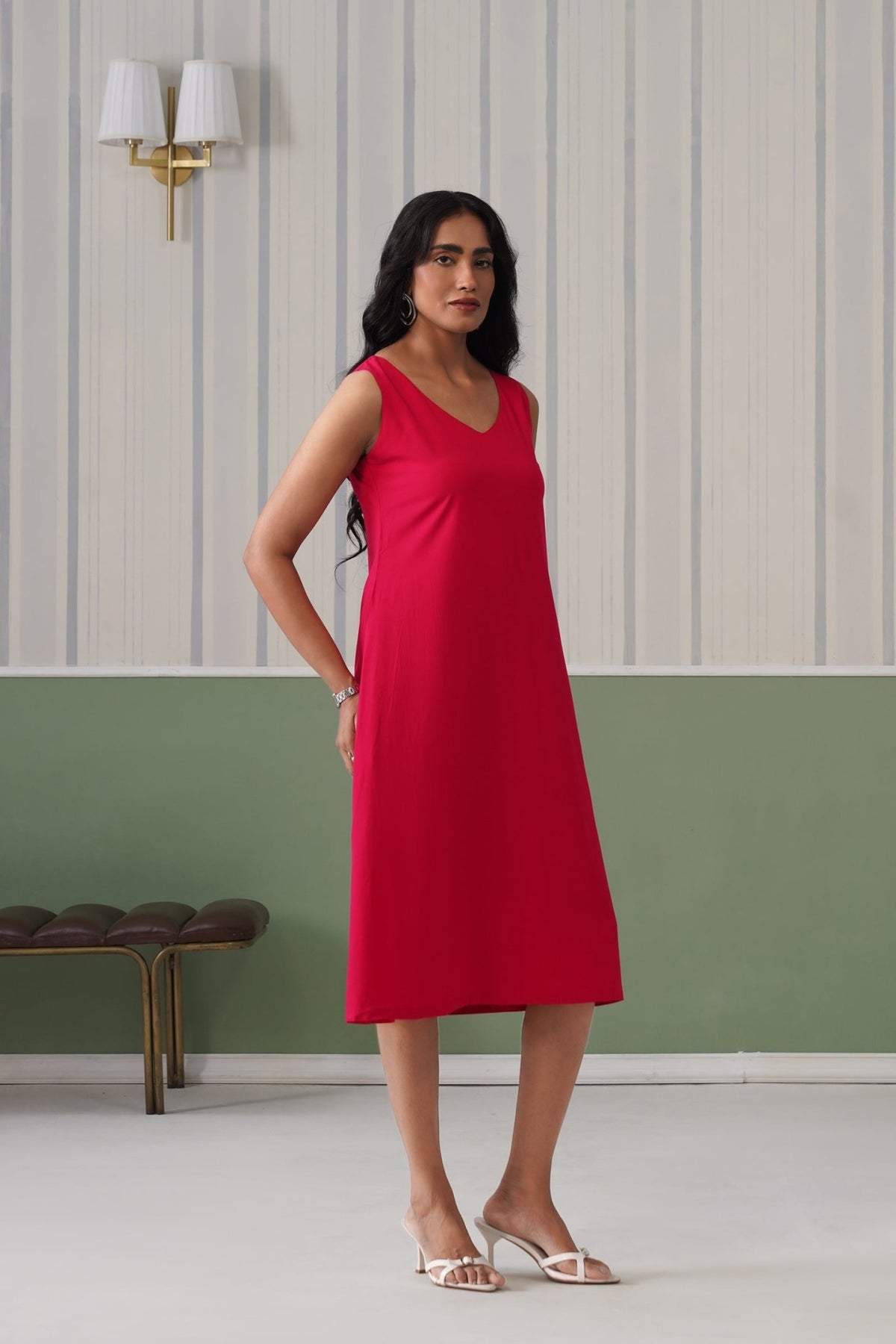 Magenta rayon line dress with pocket [ Premium 100% Rayon, Liva Certified ] -Rayon line dress with pocket