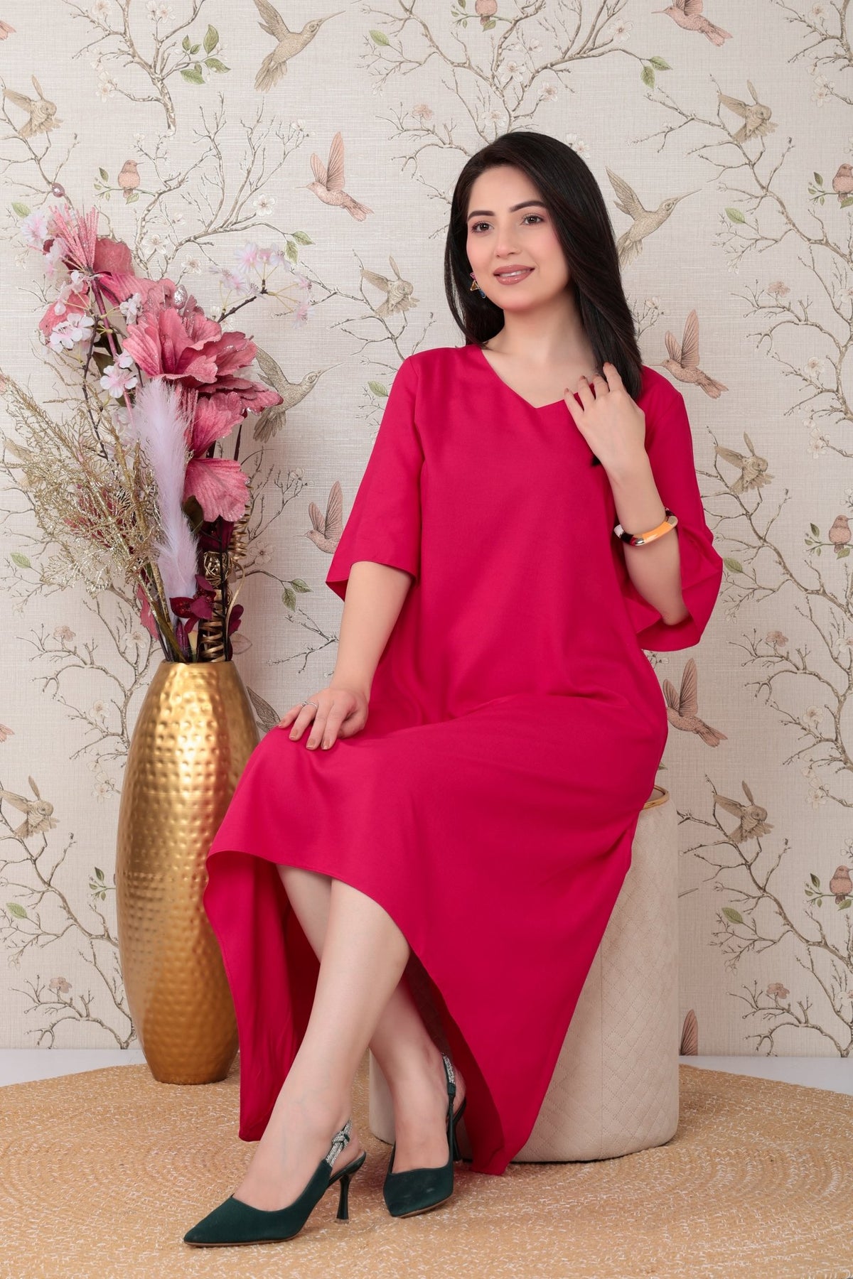 Magenta v-neck line dress with sleeves [ Premium 100% Rayon, Liva Certified ] -Rayon flare dress with pocket
