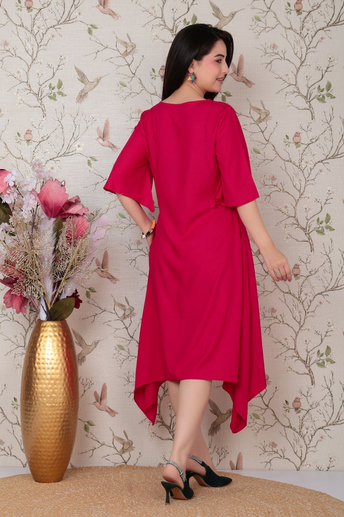 Magenta v-neck line dress with sleeves [ Premium 100% Rayon, Liva Certified ] -Rayon flare dress with pocket