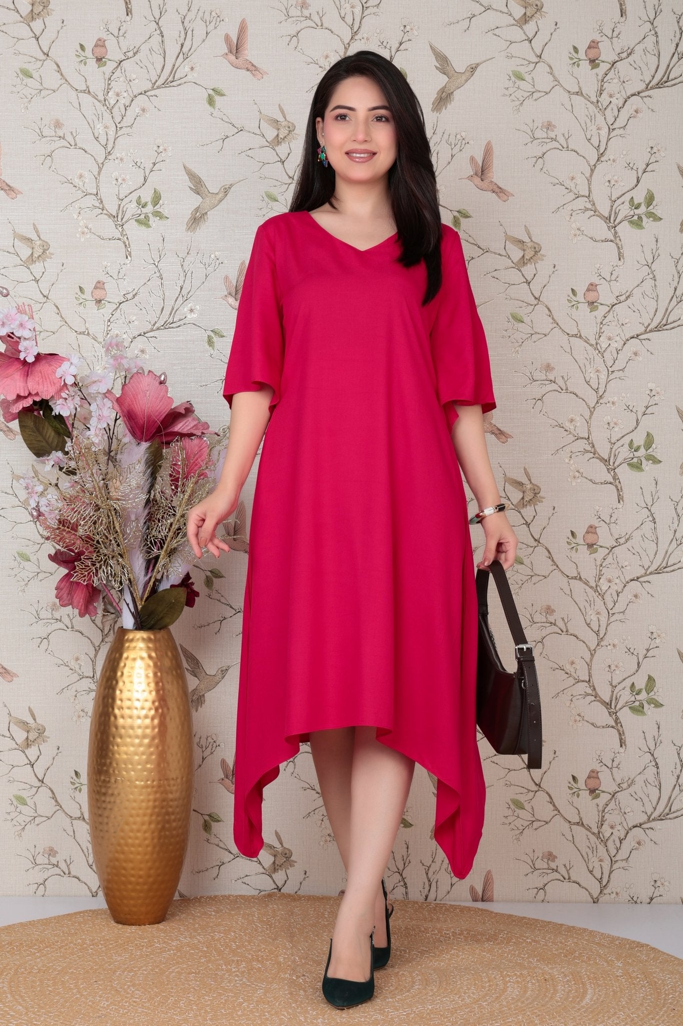 Magenta v-neck line dress with sleeves [ Premium 100% Rayon, Liva Certified ] -Rayon flare dress with pocket