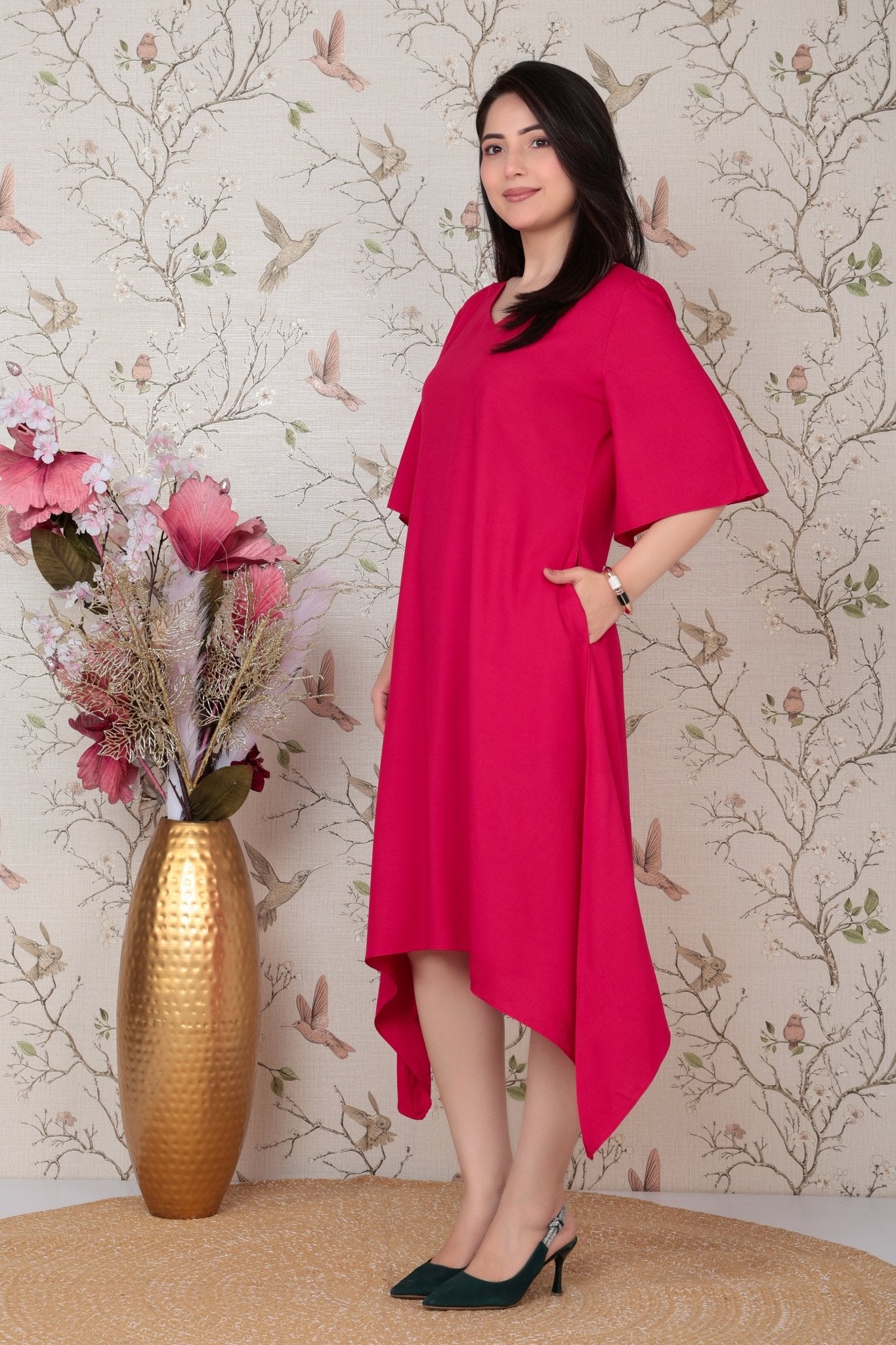 Magenta v-neck line dress with sleeves [ Premium 100% Rayon, Liva Certified ] -Rayon flare dress with pocket