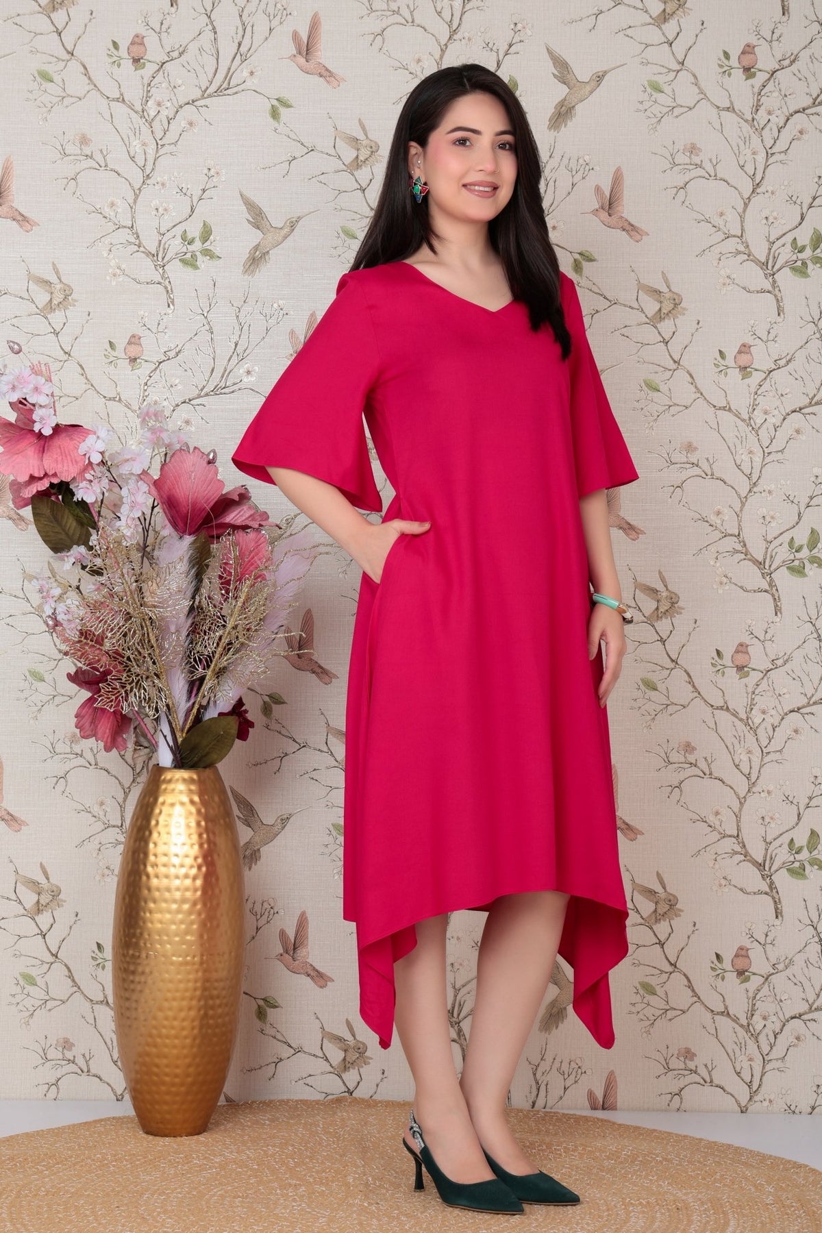 Magenta v-neck line dress with sleeves [ Premium 100% Rayon, Liva Certified ] -Rayon flare dress with pocket