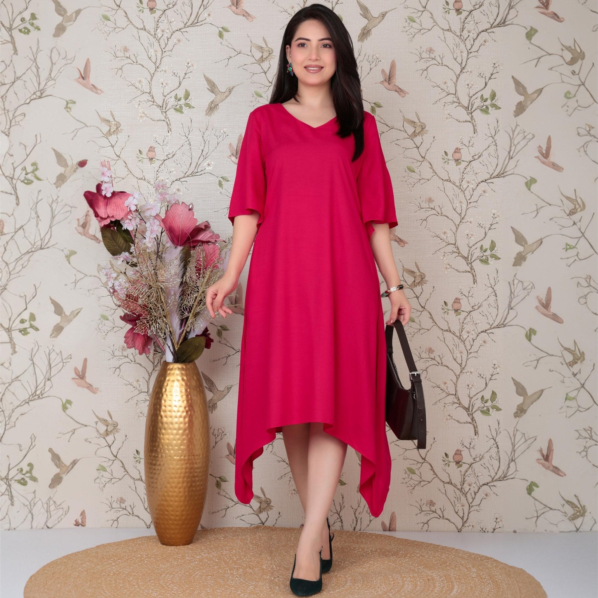 Magenta v-neck line dress with sleeves [ Premium 100% Rayon, Liva Certified ] -Rayon flare dress with pocket